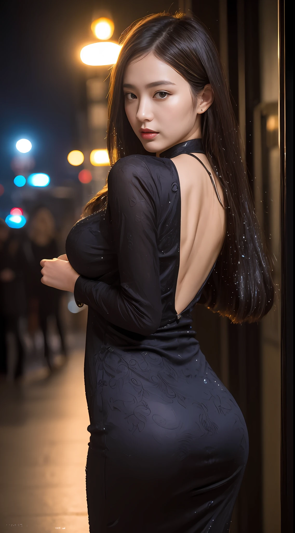 （1 beautiful Girl）， A Masterpiece， Bestquality， Raw Photo， lifelike， FACE， Incredibly ridiculous， beatiful girl，MAGIC， long long hair， depth of view， Highres， Hyperdetailed， finelydetail， RAWExtremely detailed， extremely detailed eyes and face， Sharp pupils， Realistic Pupils， Sharp focus， cinematic Lighting，fulllllbody，cheongsam(Big breasts:1.2)，Long leg，From Behind，Night street，dynamic poses,wet