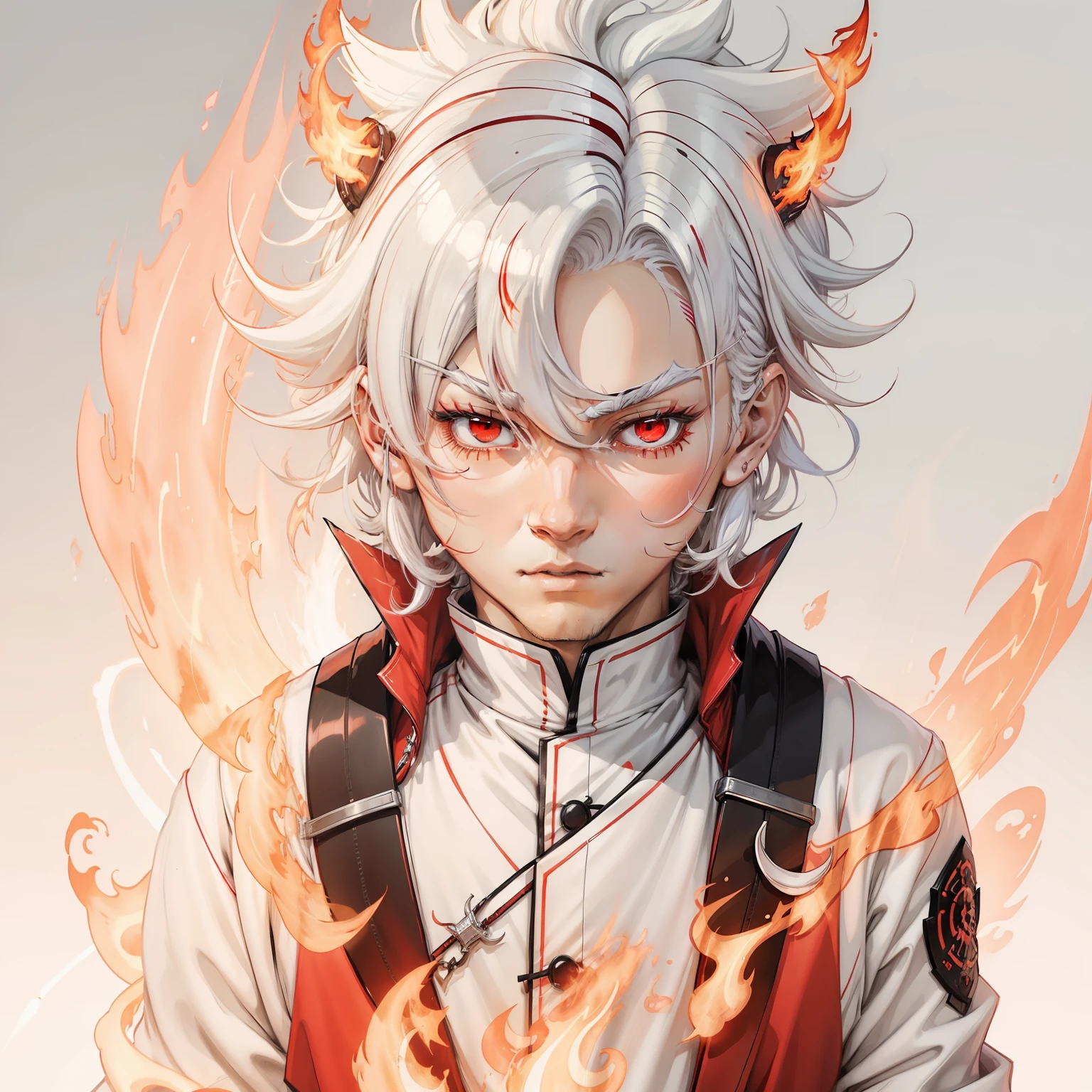 one anime boy , white hair , red flames