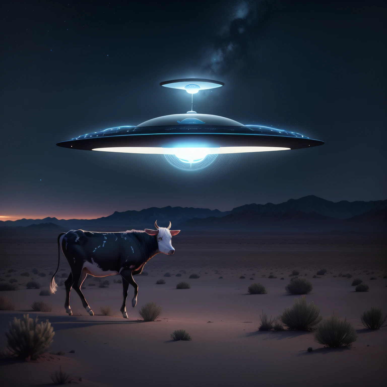 uma imagem realista de uma vaca preta e branca, levitating towards a flying saucer with a soft blue light, at night, in area 51, Nevada, Estados Unidos^)