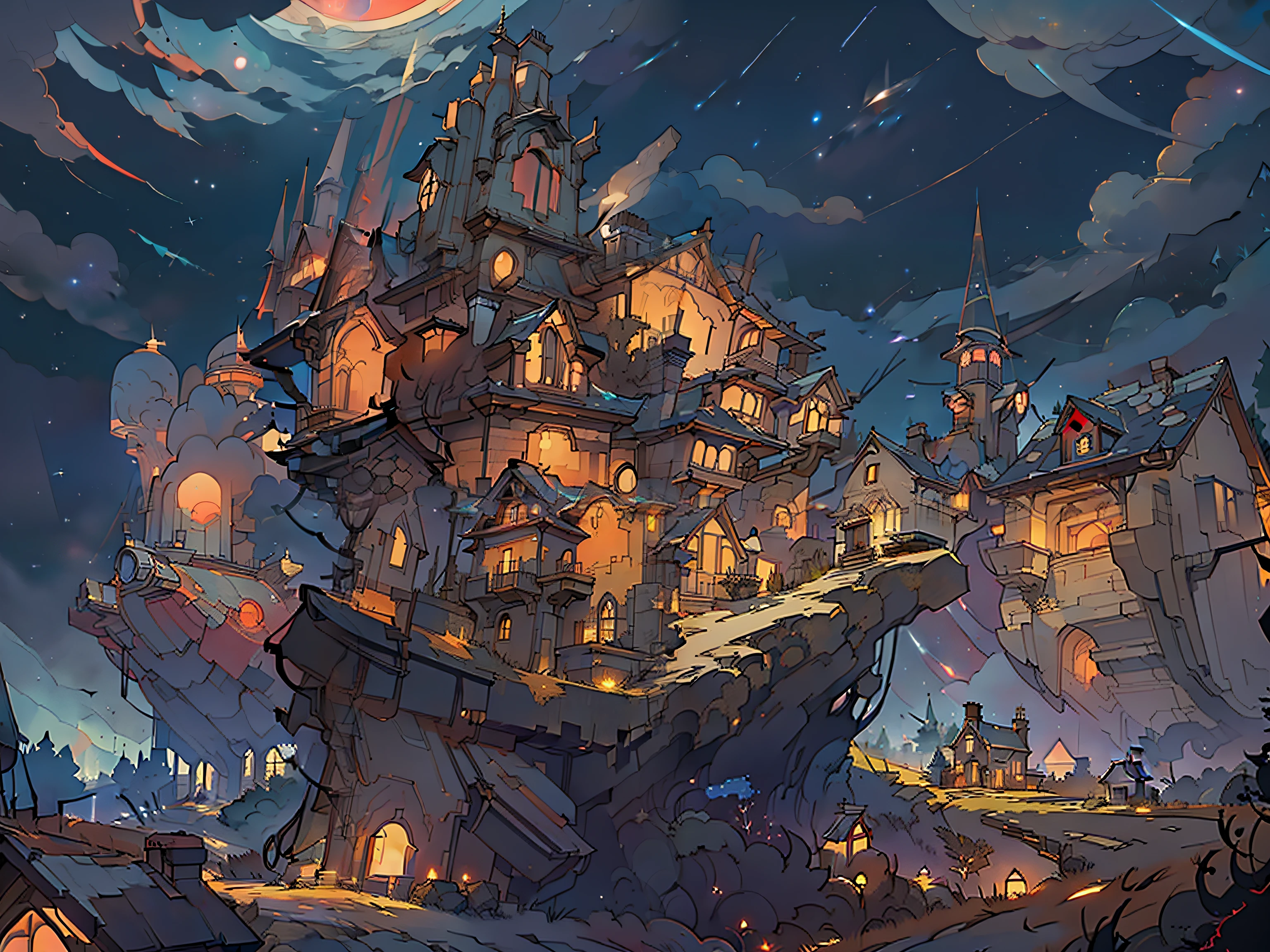 masterpiece, best quality, extremely details, gear, house, night sky, red lights, stars, universe, masterpiece, masterpiece, house, lightings, sci-fi, houses, town on the back, steam punk,