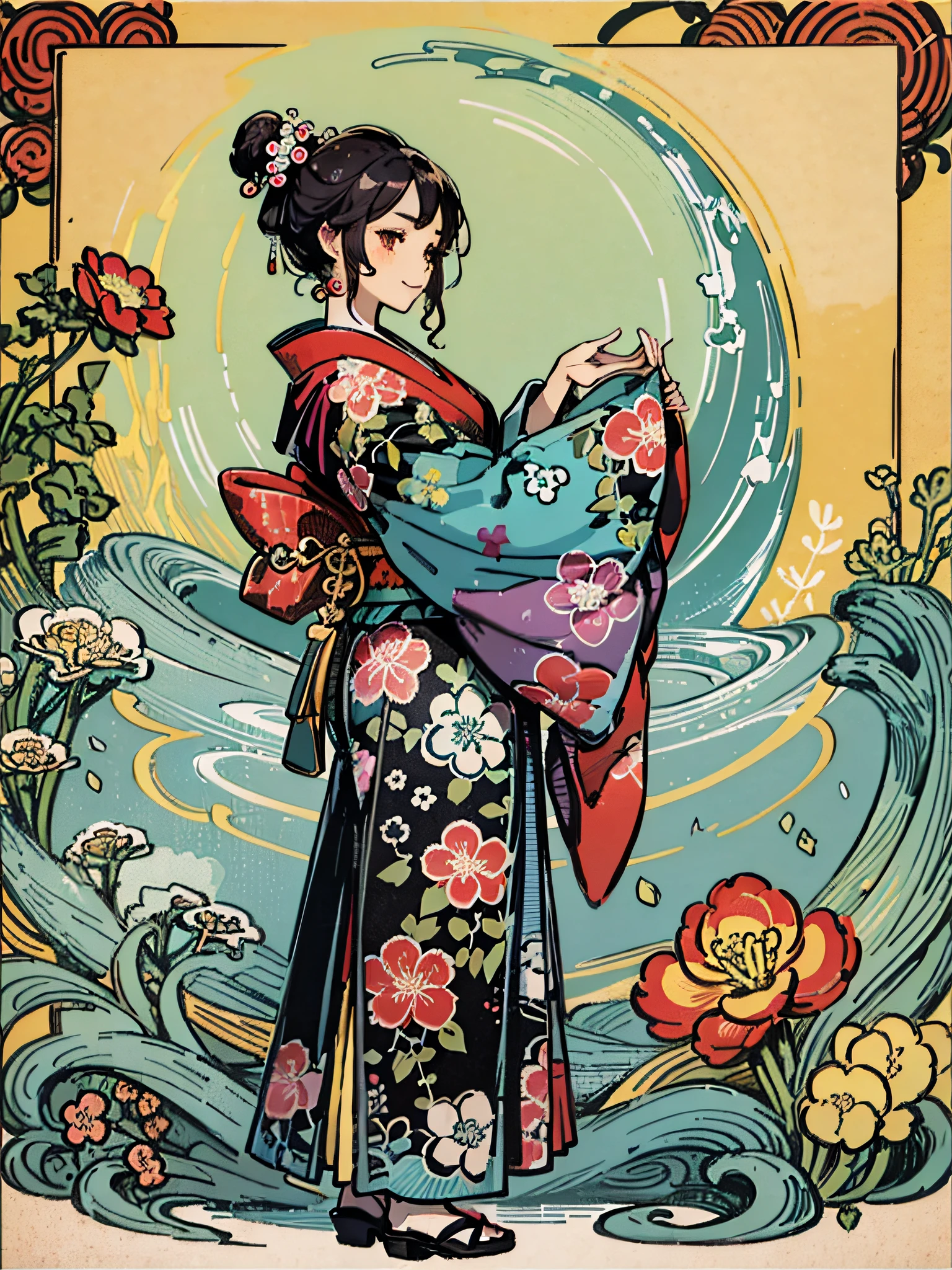 Propose a very attractive design、女の子1人、Standing Pose、Vibrant poses、Depicted to the feet、Katsushika Hokusai-kaze、Natural color design、Bold and beautiful floral design、Spring image、japanic style、Detailed diagram of the pattern、With the highest quality、masterpiece、hight resolution、ukiyoe style、Artistic style、Postcard Design、Balanced design、Composition that fits well、Emotional Art、Ukiyo-e style、japanese aesthetic、4K resolution、Gorgeous background art、Attributes of girls(profile、Seen from the side、Elegant smile、top grade、Honor Students、A dark-haired、Lustrous hair、Long、slender、Healthy、Good impression)