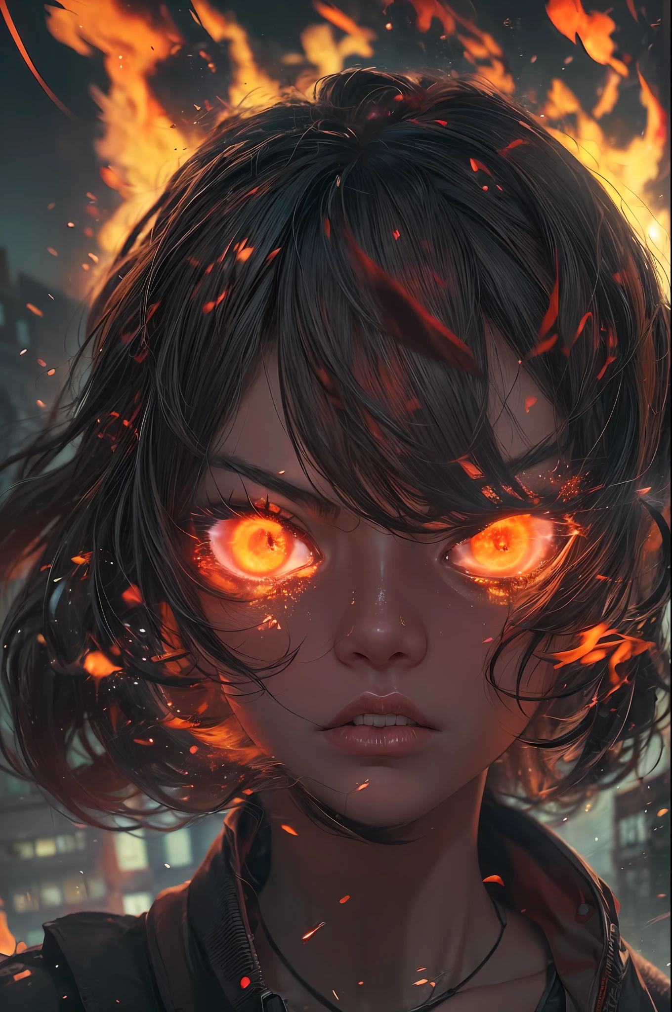 1girl with fire in her eyes, an angry close-up shot. Her eyes blaze like embers, seething with intensity. Glowing particles dance around her, enhancing the fiery aura. She stands defiant, a tempest brewing within. The background hints at a dystopian cityscape, abandoned buildings crumbling under an ominous crimson sky.
Scene's Environment: Tense urban ruins
Mood: Intense and defiant
Atmosphere: Menacing, with a sense of raw power
Lighting Effect: Harsh, dramatic lighting from burning fires and neon lights cast deep shadows, intensifying the mood. Glowing particles add an otherworldly feel.