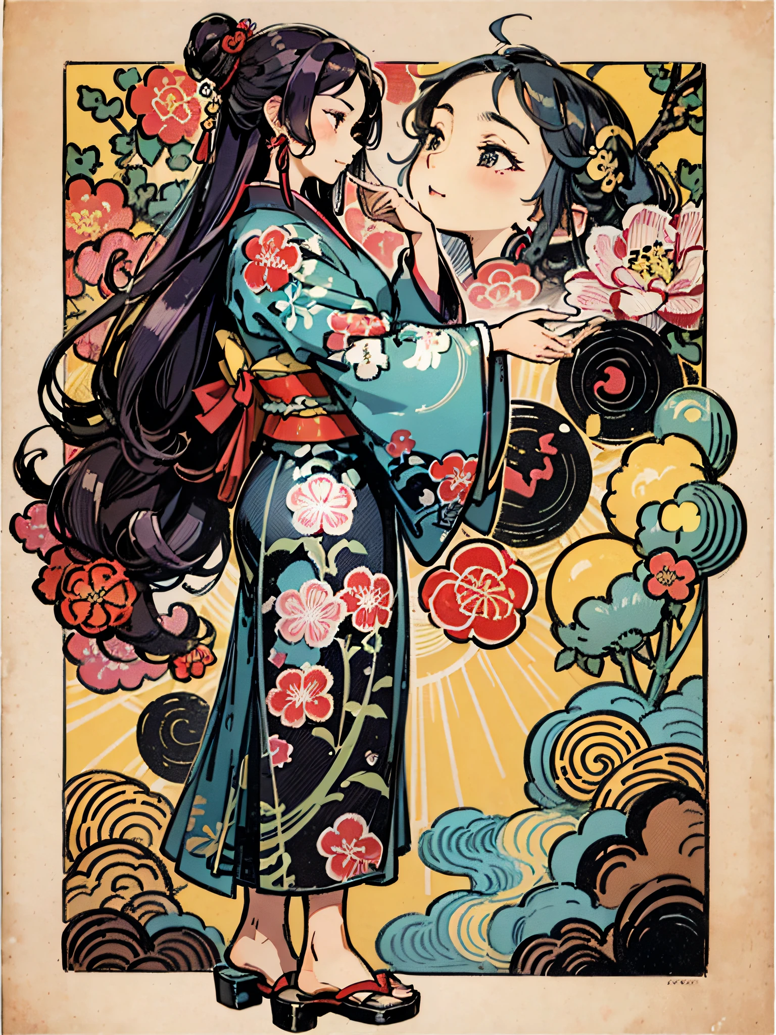 Propose a very attractive design、女の子1人、Standing Pose、Vibrant poses、Depicted to the feet、Katsushika Hokusai-kaze、Natural color design、Bold and beautiful floral design、Spring image、japanic style、Detailed diagram of the pattern、With the highest quality、masterpiece、hight resolution、ukiyoe style、Artistic style、Postcard Design、Balanced design、Composition that fits well、Emotional Art、Ukiyo-e style、japanese aesthetic、4K resolution、Gorgeous background art、Attributes of girls(profile、Seen from the side、Elegant smile、top grade、Honor Students、A dark-haired、Lustrous hair、Long、slender、Healthy、Good impression)