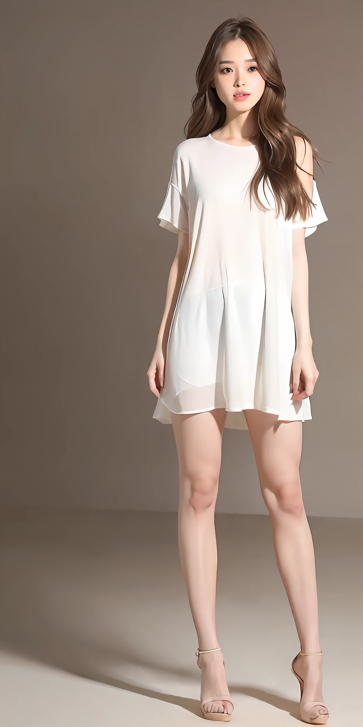 mix4, 20d, solo, long_hair, shirt, dress, high_heels, full_body, look_at_viewer, (8k, RAW photo, best quality, mastery:1.2), (realistic, photo-realistic:1.37), professional lighting, photon mapping, light energy transfer, physically based rendering,