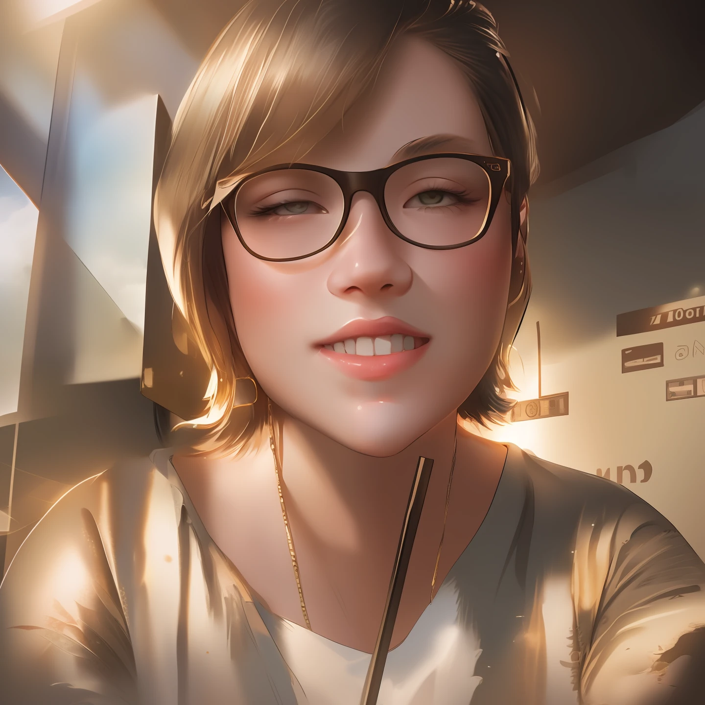 there is a woman with glasses and a necklace on her neck, digital illustration portrait, digital portrait, cartoon portrait, halfbody portrait, high quality portrait, 2d portrait, cartoon digital painting, cute portrait, digital art portrait, detailed color portrait, realistic self portrait, color portrait, kawaii realistic portrait, portrait illustration, character portrait of me, character concept portrait of me,, beautiful line art, detailed manga style, extremely fine ink lineart,exquisite line art, perfect lineart,exquisite line art, exquisite digital illustration, detailed digital drawing,digital anime illustration, a beautiful artwork illustration, detailed matte fantasy portrait, beautiful line art, great digital art with details, goddess. extremely high detail, 4k detailed digital art, stunning digital illustration, digital fantasy illustration,((Best quality)), ((masterpiece)), (detailed:1.4), 3D, an image of a beautiful female,HDR (High Dynamic Range),Ray Tracing,NVIDIA RTX,Super-Resolution,Unreal 5,Subsurface scattering,PBR Texturing,Post-processing,Anisotropic Filtering,Depth-of-field,Maximum clarity and sharpness,Multi-layered textures,Albedo and Specular maps,Surface shading,Accurate simulation of light-material interaction,Perfect proportions,Octane Render, Two-tone lighting,Wide aperture,Low ISO,White balance,Rule of thirds,8K RAW,subsurface scattering, best ratio of four fingers and one thumb,