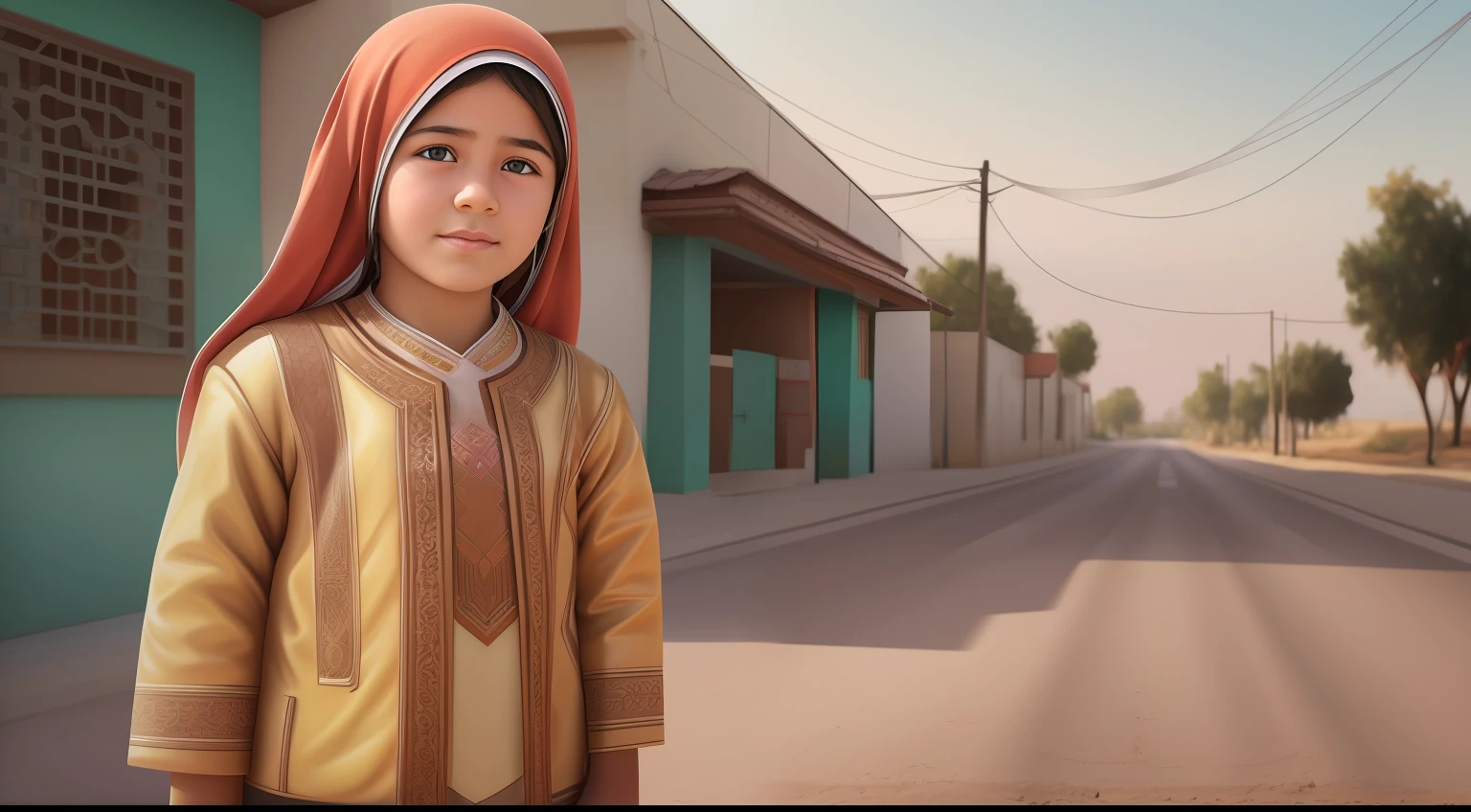 "Generate a hyper-realistic image of a 10-year-old girl from Turkmenistan with authentic  features, poor, set against a realistic road background, showcasing the best quality and intricate details."