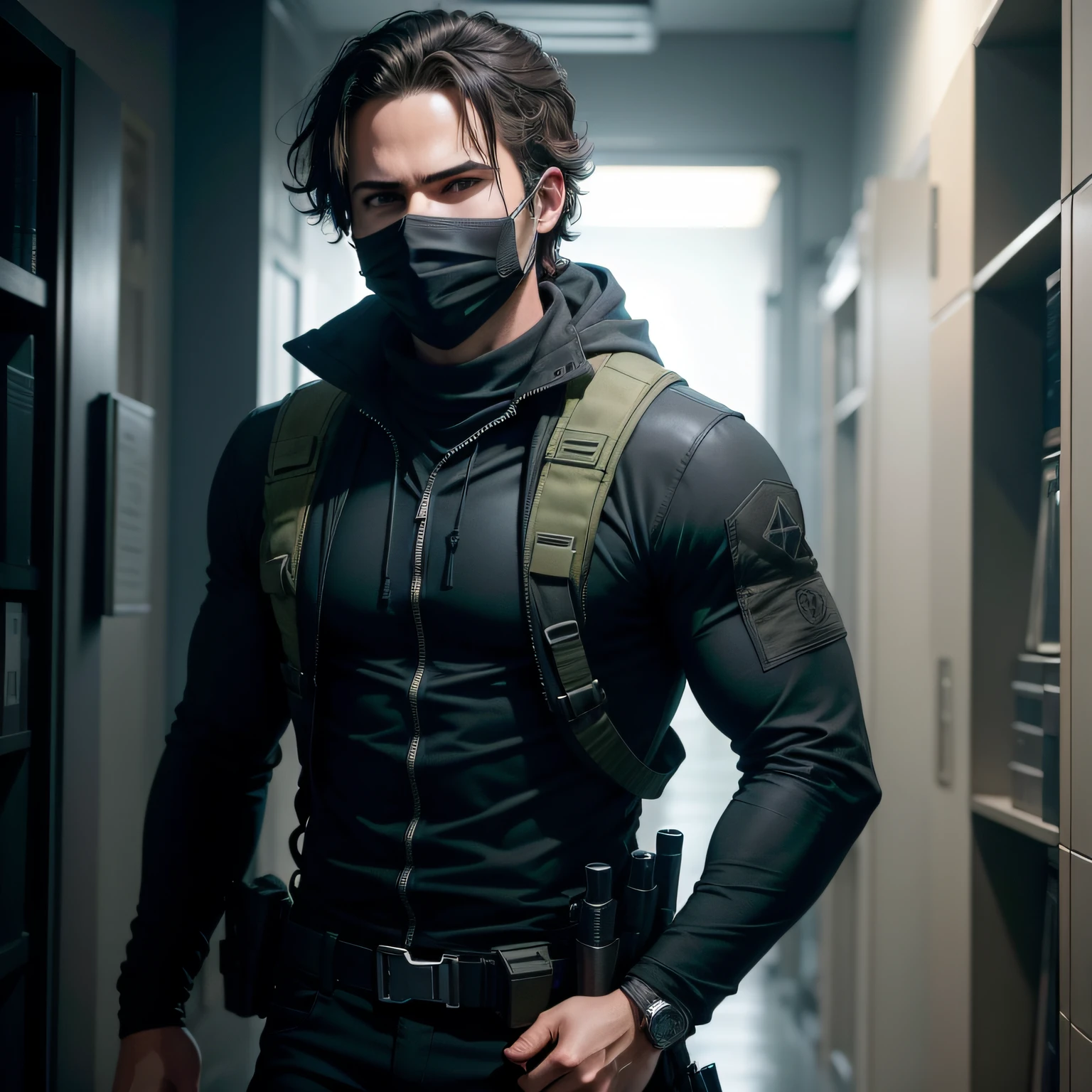Mitch rapp, personagem de dylan o'brien no filme assassin american. Strong in long-sleeved black outfit wearing a mask like Ghost in Call of Duty