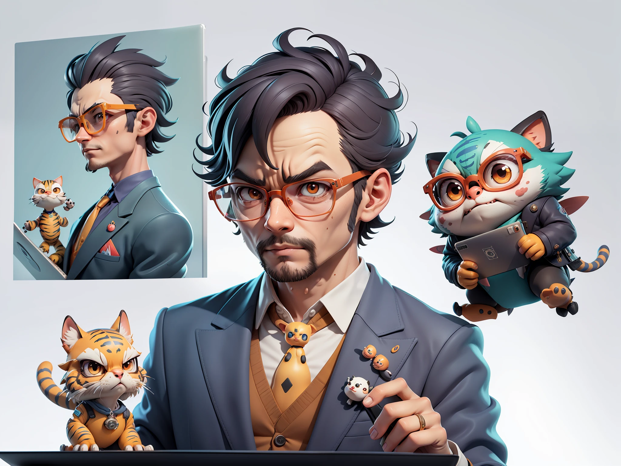A young man in a suit, Short hair and glasses sat at his desk,holding laptop,digitial painting,tigre,3D character design by Mark Clairen and Pixar and Hayao Miyazaki and Akira Toriyama,4K HD illustration,Very detailed facial features and cartoon-style visuals。