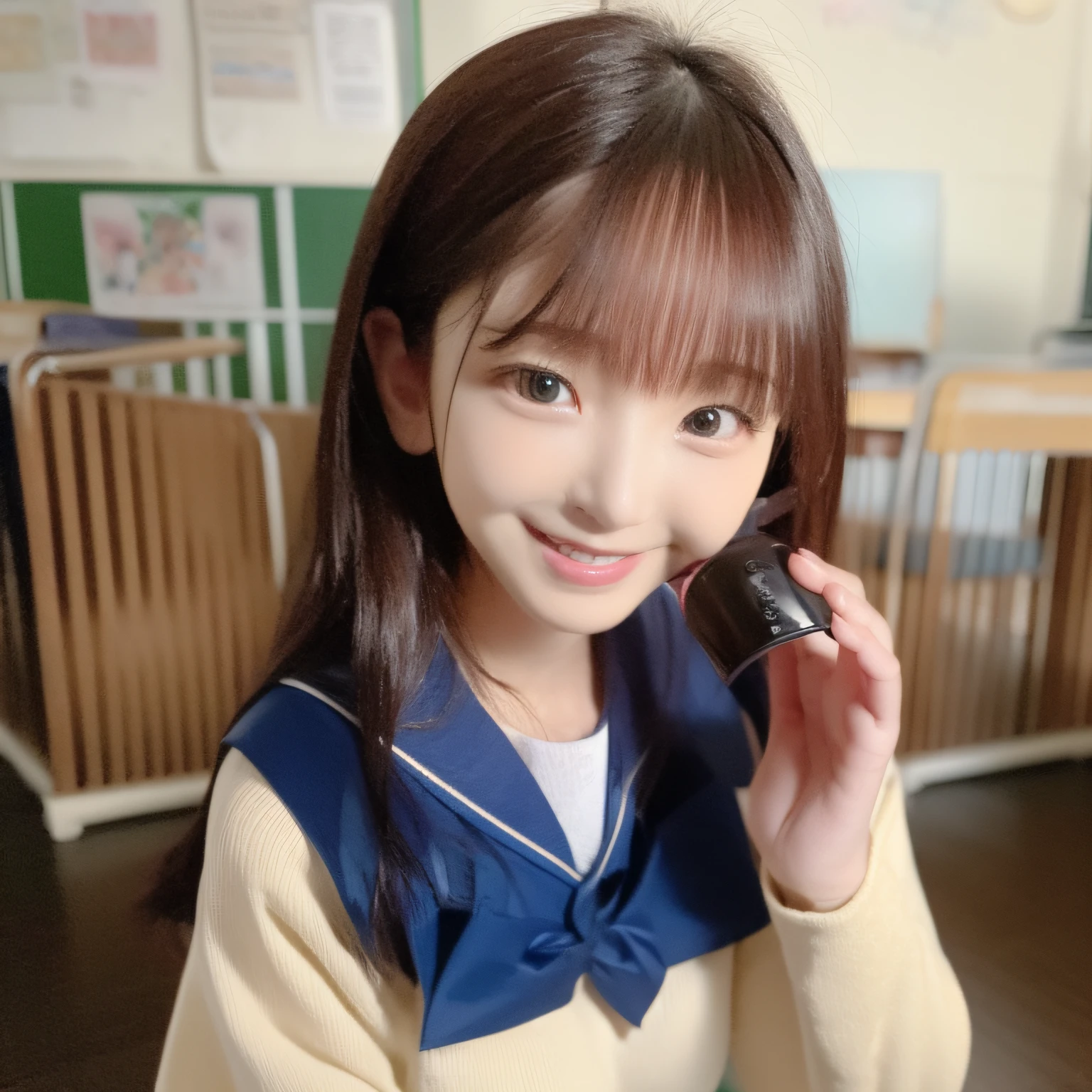 ​masterpiece, top-quality, 1girl in, expressioness, bangss, Young Girl, traditional school uniform, Inside the classroom, Smile Face, Long hair, Navy blue sailor suit, japanese-inspired