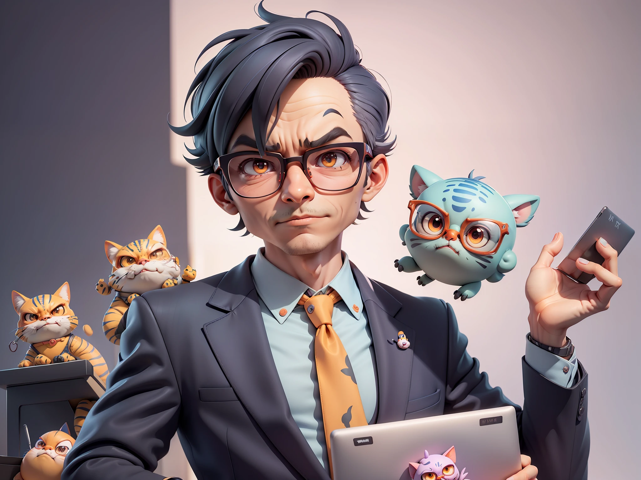 A young man in a suit, Short hair and glasses sat at his desk，holding laptop，digitial painting，tigre，3D character design by Mark Clairen and Pixar and Hayao Miyazaki and Akira Toriyama，4K HD illustration，Very detailed facial features and cartoon-style visuals。