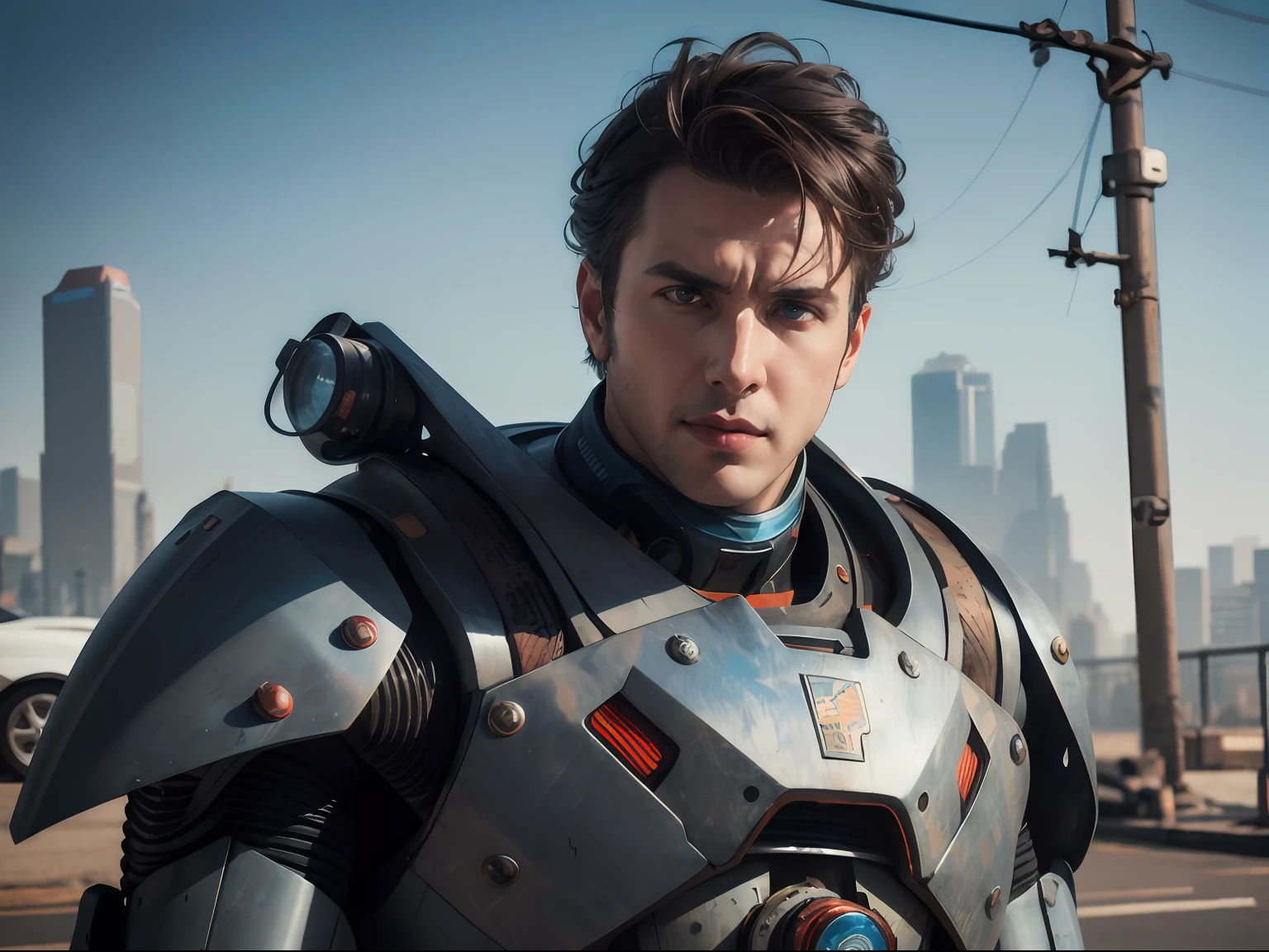 Portrait photo of an alpha male, perfect eyes, in a worn mecha suit, intricate, (steel metal [rust]), elegant, sharp focus, photo by greg rutkowski, soft lighting, vibrant colors, masterpiece, ((streets)), cowboy shot, dynamic pose,