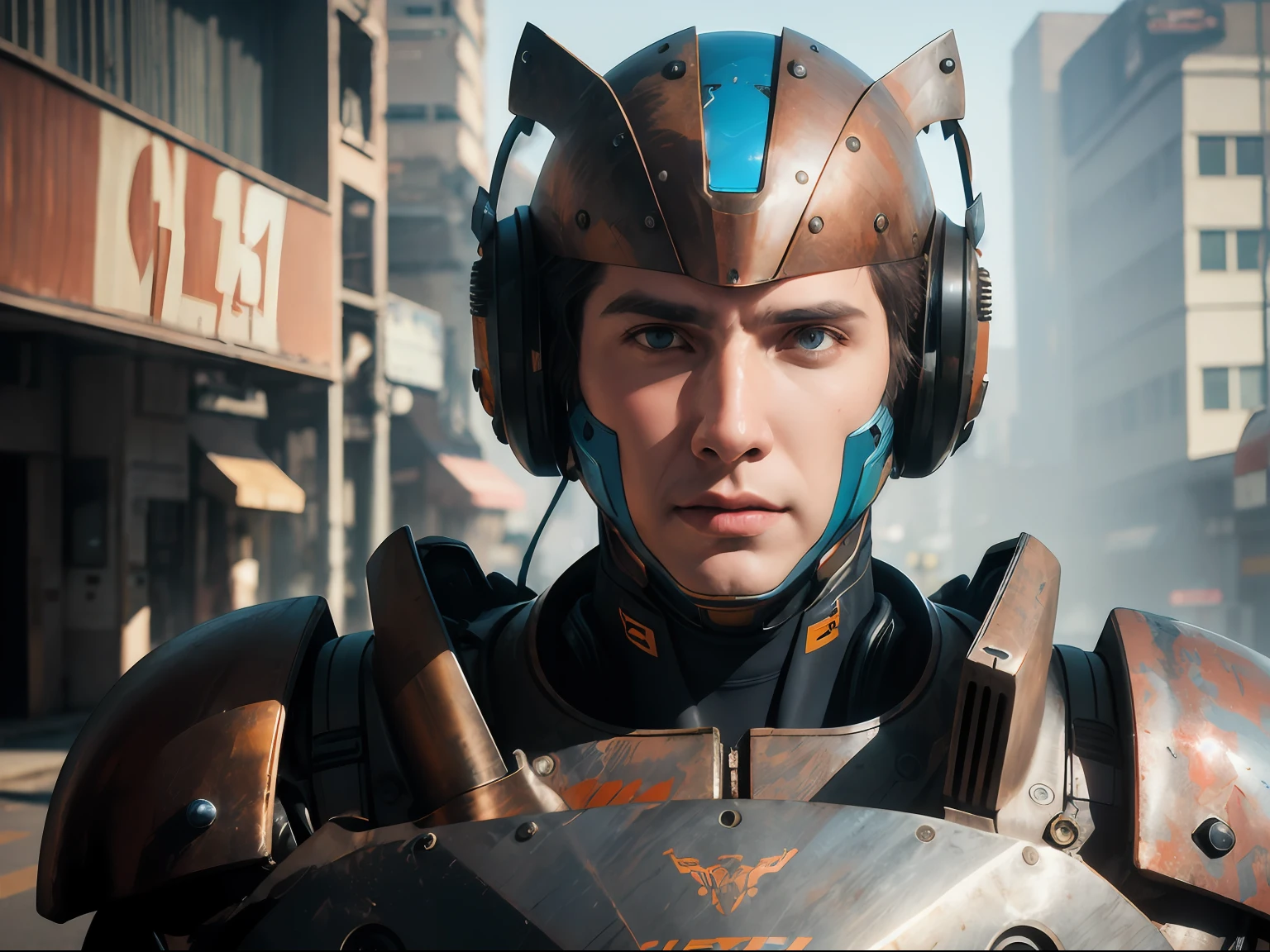 Portrait photo of an alpha male, perfect eyes, in a worn mecha suit, intricate, (steel metal [rust]), elegant, sharp focus, photo by greg rutkowski, soft lighting, vibrant colors, masterpiece, ((streets)), cowboy shot, dynamic pose,