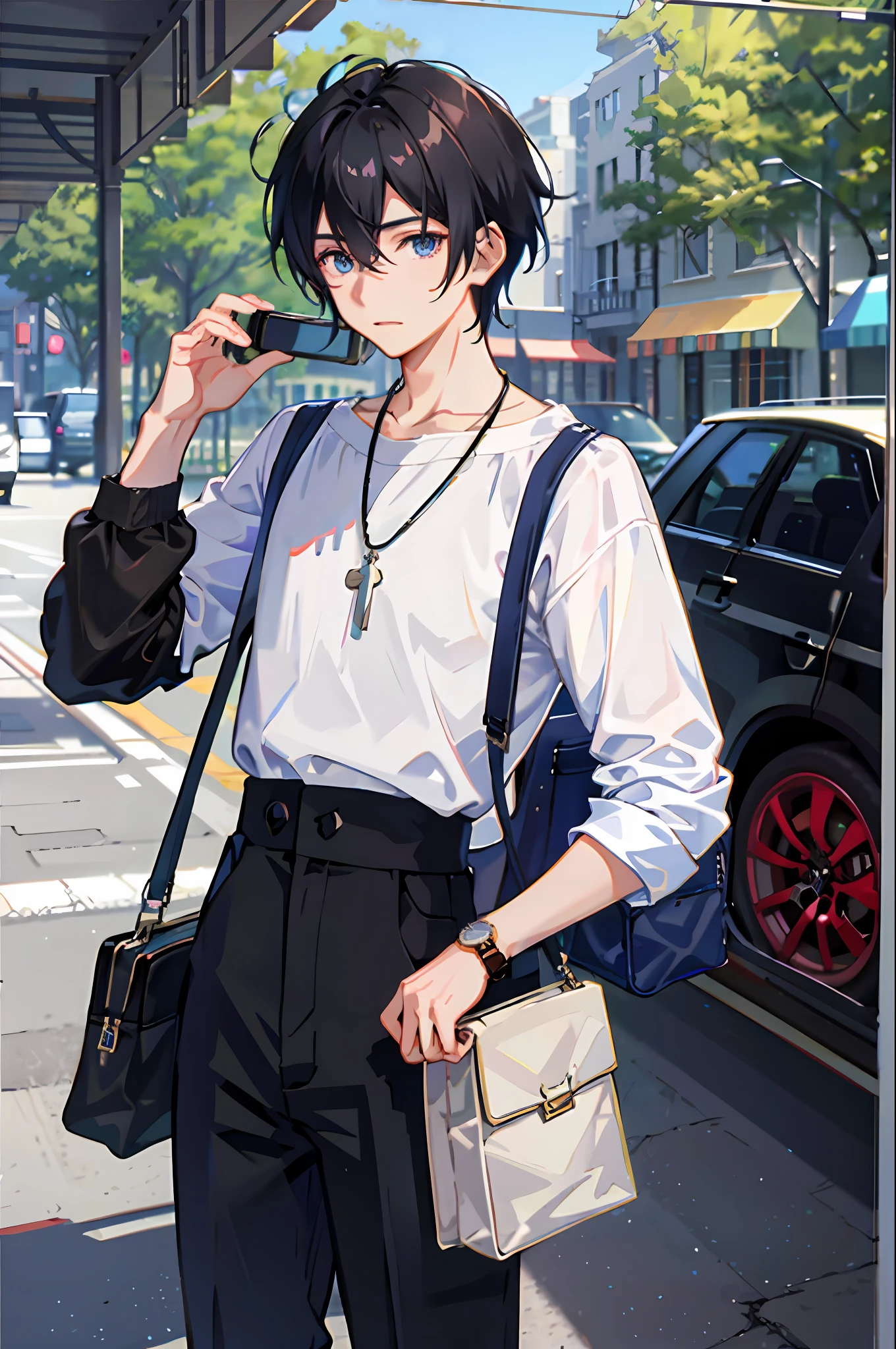 1boy, apple, bag, bangs, berry, black hair, black shirt, blue eyes, hair between eyes, jewelry, leaf, looking at viewer, male focus, necklace, pants, shirt, solo, watch, white pants, wristwatch, messy hair, trending on artstation, 8k resolution, highly detailed, anatomically correct, sharp image, digital painting, concept art, trending on pixiv, style of makoto shinkai,