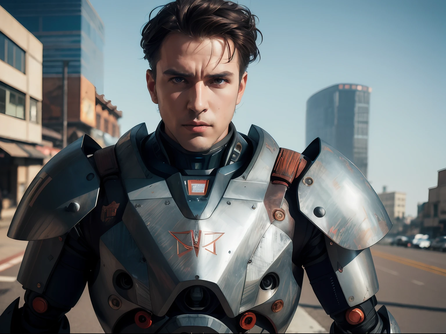 Portrait photo of an alpha male, perfect eyes, in a worn mecha suit, intricate, (steel metal [rust]), elegant, sharp focus, photo by greg rutkowski, soft lighting, vibrant colors, masterpiece, ((streets)), cowboy shot, dynamic pose,