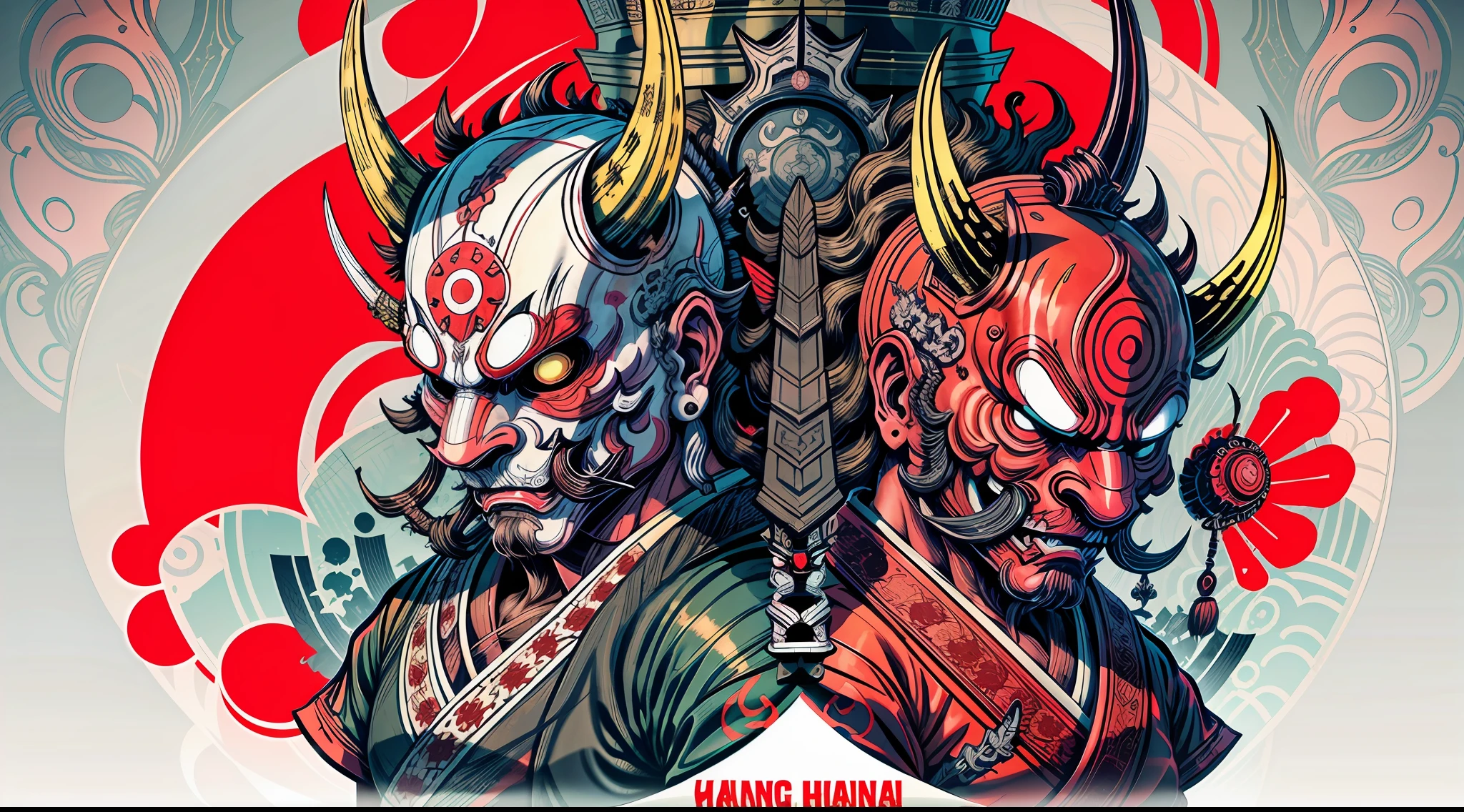 Hannya mask style of 0mib, illustrator, masterpiece, high quality, 8k, high resolution, high detailed, Japanese, samurai