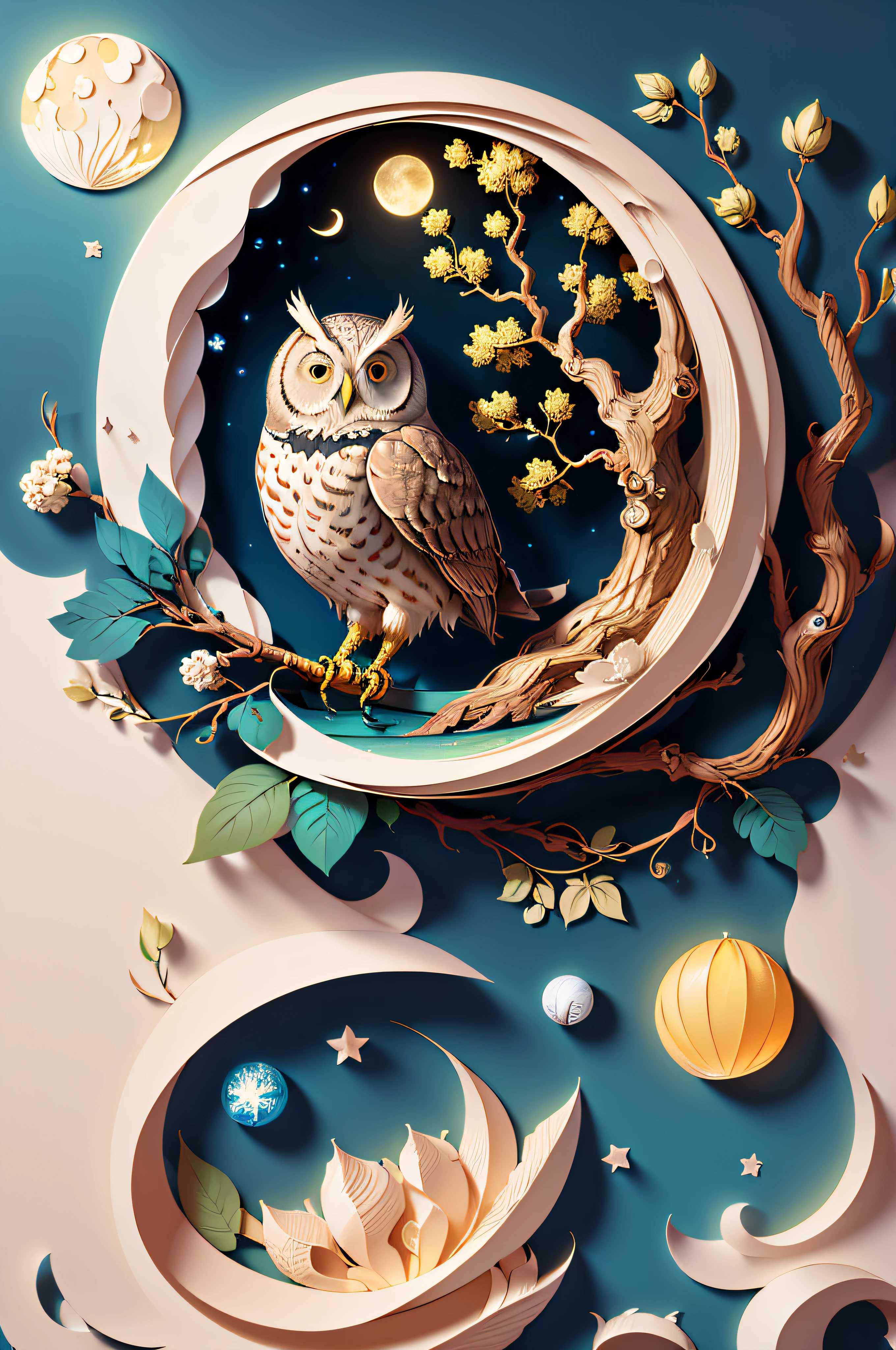 (((masterpiece))),bestquality,illustration,beautifuldetailed, paper_cut, owl, tree,moon,