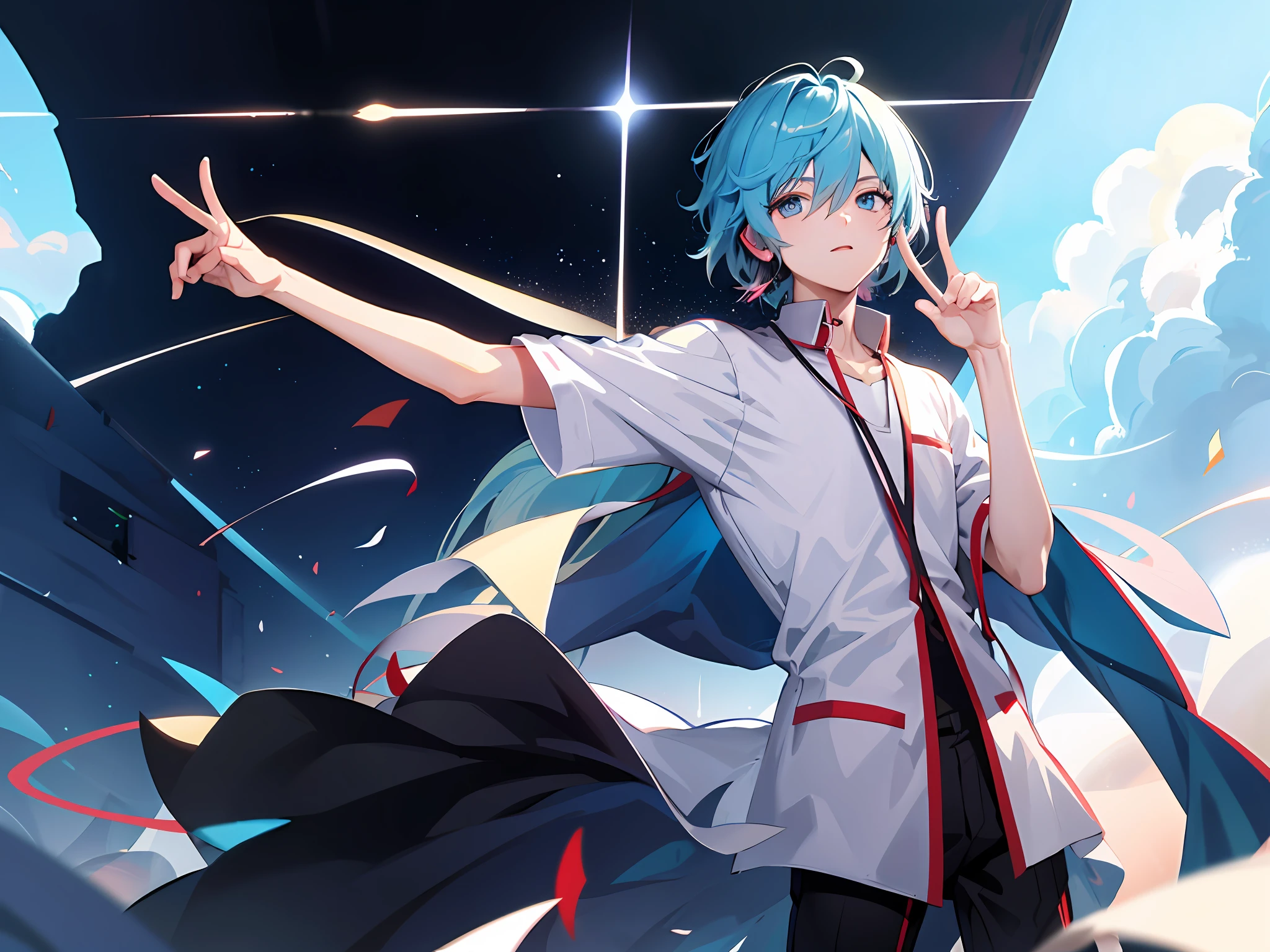 Anime boy talking into microphone with headphones, anime moe art style, ig studios anime style, nightcore, style of anime4 K, High quality anime art style, Anime Boy, young anime man, tall anime man with blue eyes, Anime Art Style, digital anime illustration, Anime style. 8K, In an anime style, male anime characters, Male anime style、Peace sign to viewers、Mekakure、winc