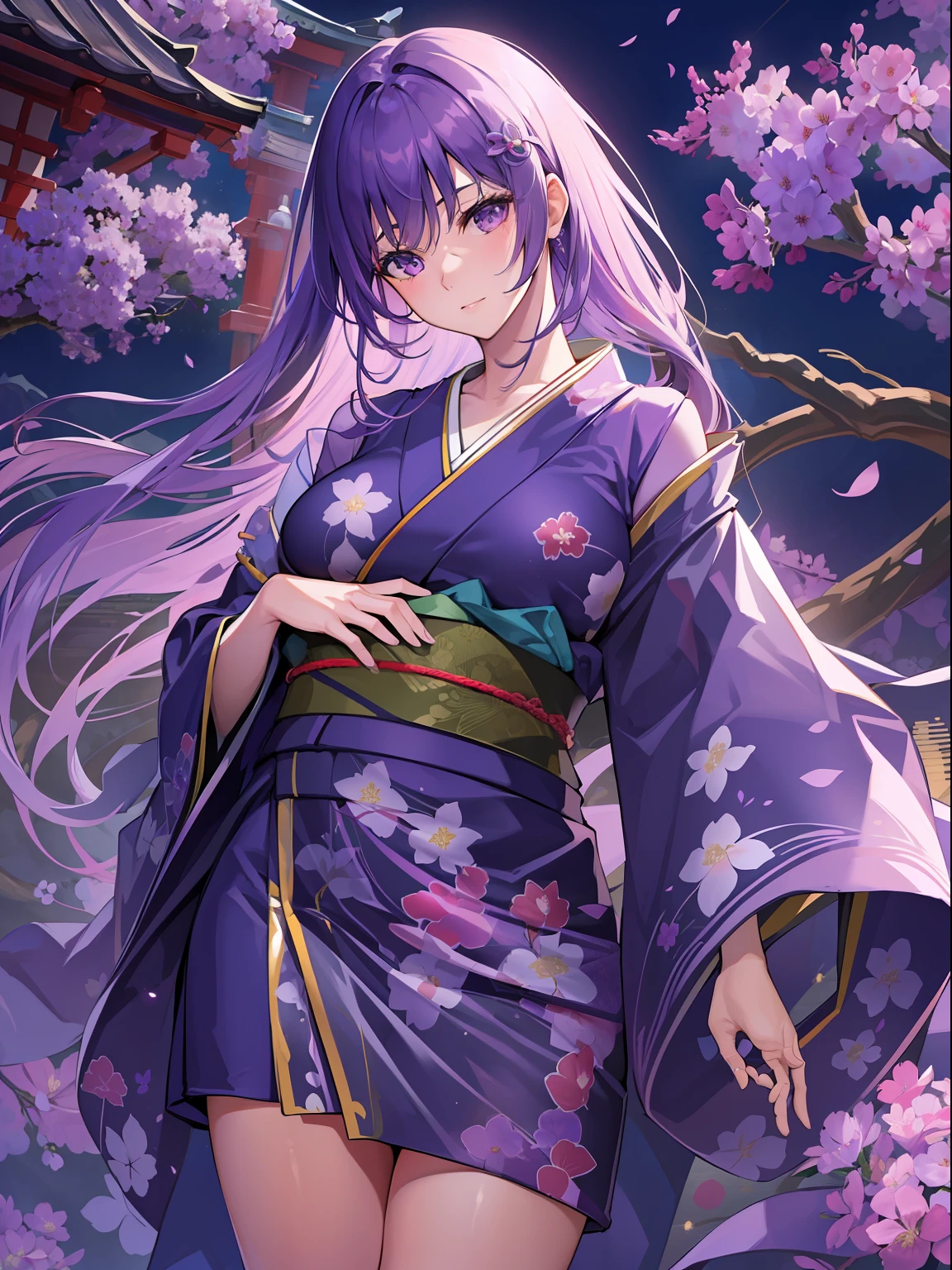 best quality, (extremely detailed: 1.5), masterpiece, ultra high res,(photo realistic:1.4),adult beauty woman, full body, extra long straight hair, asymmetrical bangs,(purple hair:1.3), huge breasts, (japanese deep purple floral pattern kimono:1.3), (raw feet:1.3), (bare shoulders:1.1), (see through:1.3) ,ultra micro miniskirt, sexy pose, standing, cherry trees, mid night, moonlight, wind, dynamic angle, dynamic pose,(cloaks:1.1)