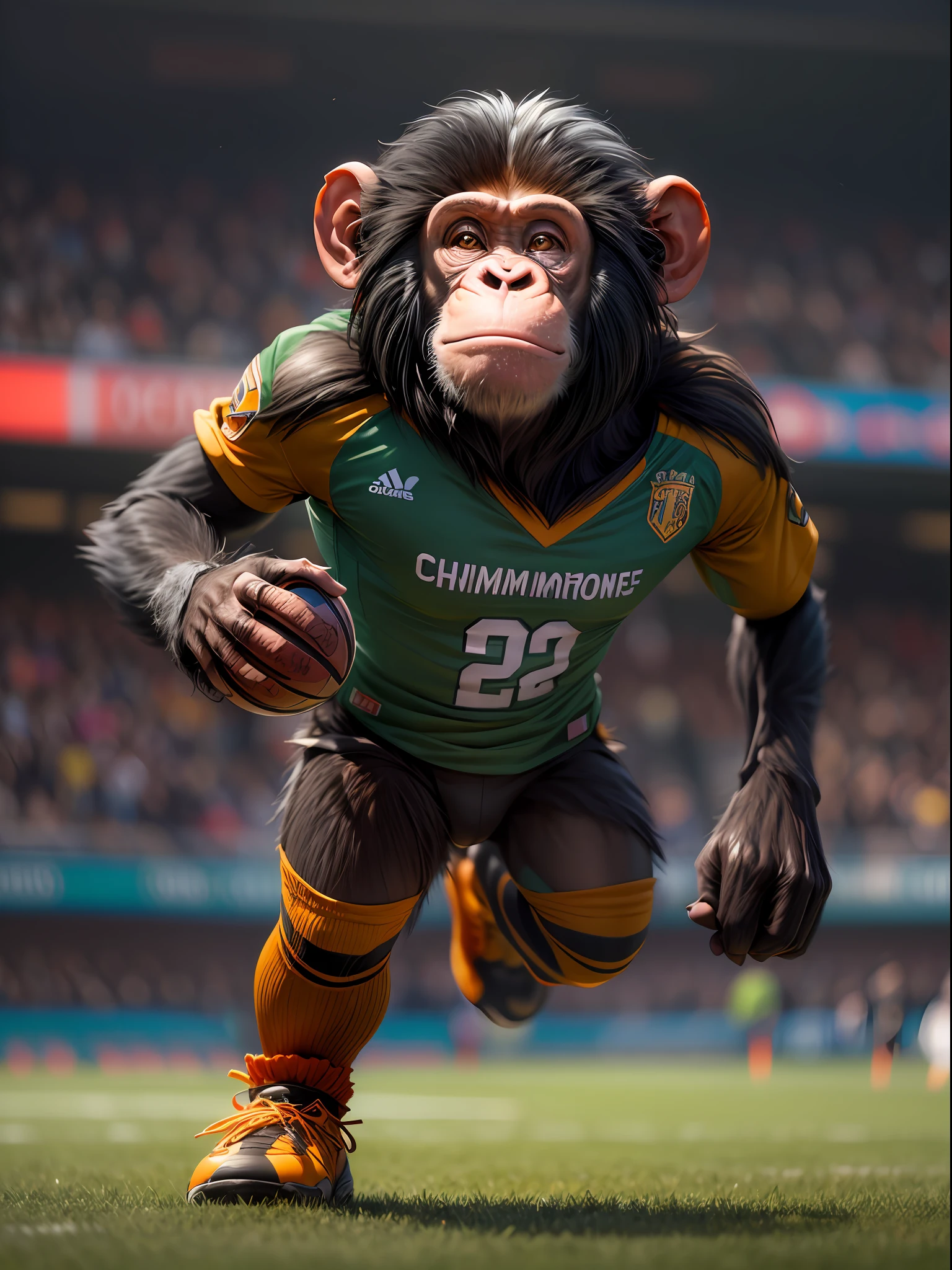 (masterpiece, best quality, CGI, official art:1.2), a CGI-rendered chimpanzee, dressed in a (colorful football player's uniform:1.2), complete with a jersey, shorts, and cleats. The uniform bears the (chimpanzee team's logo:1.1), adding a playful touch to the design. The chimpanzee exhibits remarkable (athletic prowess:1.2), effortlessly dribbling the football with its nimble feet as it maneuvers across the (luscious green football field:1.1). Its (fur glistens:1.1) under the bright stadium lights, showcasing impressive attention to detail. Its (expressive brown eyes:1.2) convey determination and joy as it enthusiastically engages in the game. The CGI art captures the chimpanzee in a dynamic mid-action pose, mid-kick, showcasing its (flexible and agile movements:1.2). In the background, spectators fill the stands, their (enthusiastic cheers:1.1) echoing through the stadium. The crowd is an eclectic mix of humans and various other (CGI-rendered animals:1.1), showing the universal appeal of this football event. The football field is adorned with (sponsor logos:1.1), and banners promoting the (Chimp Cup:1.2), the championship this talented primate team competes in. The whole scene is filled with vibrant colors, creating an exciting and visually captivating CGI image of a chimpanzee fully immersed in the world of football. (Camera model and lens choice can be adjusted based on the specific image: Red Digital Cinema Komodo 6K:1.2, Canon CN-E Prime Lens Bundle:1.2), Cinematic, Hyper-detailed, insane details, Beautifully color graded, Unreal Engine, DOF, Super-Resolution, Megapixel, Cinematic Lightning, Anti-Aliasing, FKAA, TXAA, RTX, SSAO, Post Processing, Post Production, Tone Mapping, CGI, VFX, SFX, Insanely detailed and intricate, Hyper maximalist, Hyper realistic, Volumetric, Photorealistic, ultra photoreal, ultra-detailed, intricate details, 8K, Super detailed, Full color, Volumetric lightning, HDR, Realistic, Unreal Engine, 16K, Sharp focus, Octane render --v testp
