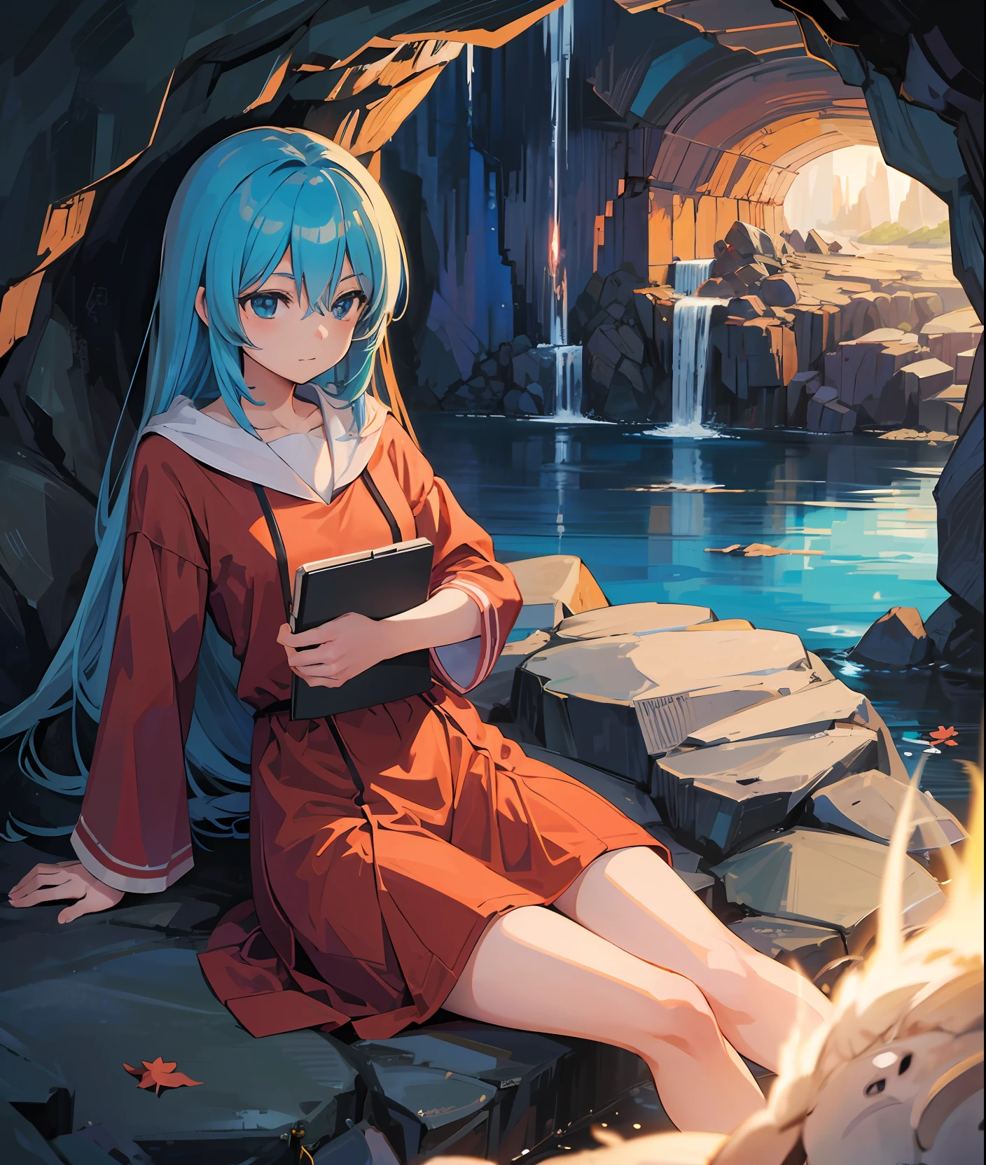 1girl, anime, sitting in a cave, leaves as bed, relax