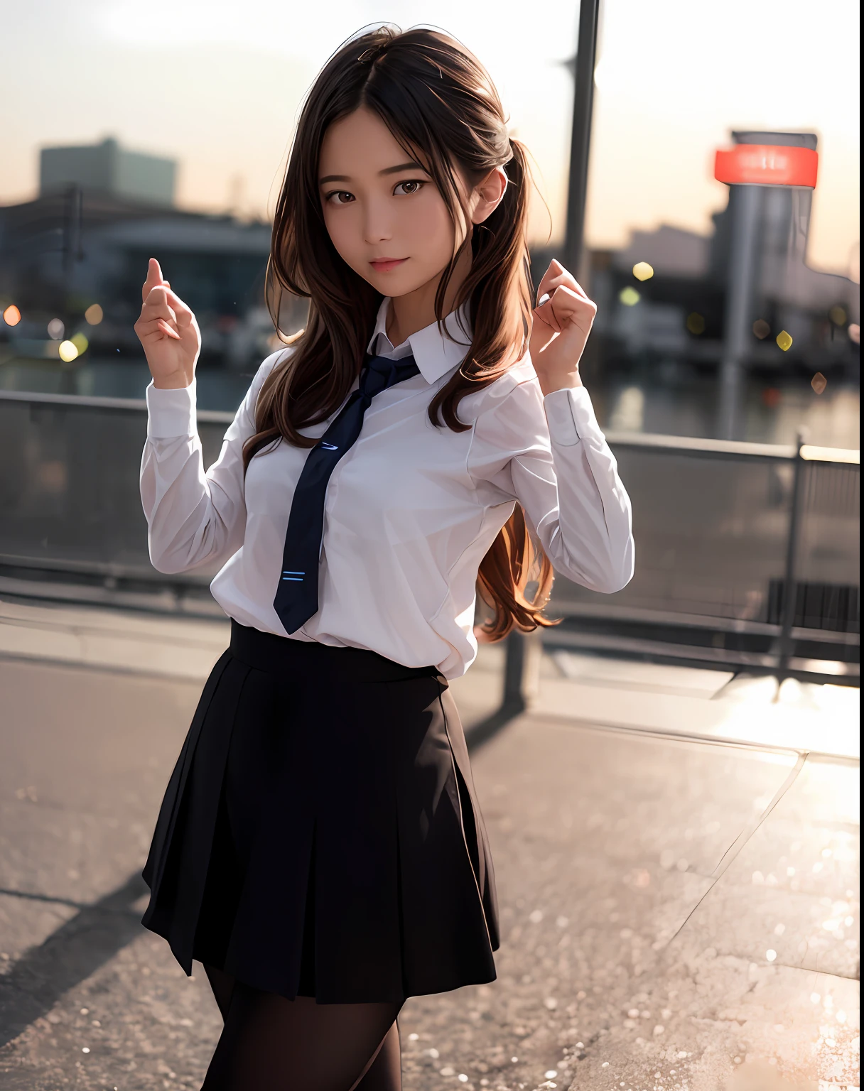 1girl in、(looking at the viewers)、(bokeh dof:1.1)、cparted lips、deadpan、realisticlying、Raise your arms、tights、
skirt by the、sky line、
realisitic、