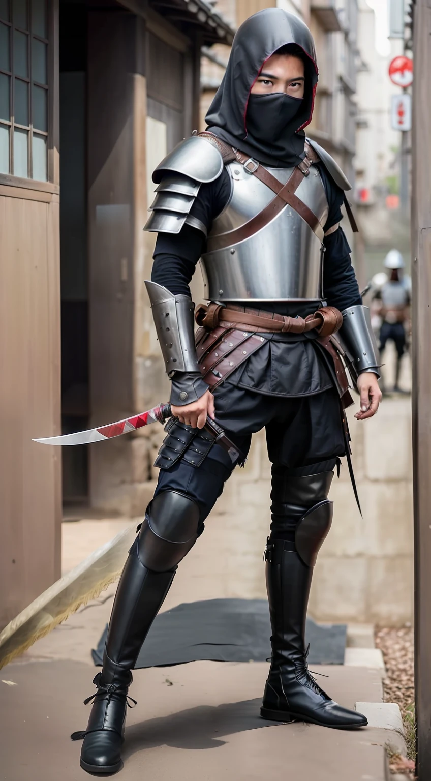 Homem Arafed em um traje ninja com uma espada e um capuz, samurai urbano, atraente macho de carne com armadura, usando armadura assassina de couro, Traje de guerreiro, Samurai de rua, Roupa de samurai, macho atraente com armadura, guerreiro masculino, Roupa ninja, japanese warrior, usando roupas e armaduras, imagem de um guerreiro masculino adulto, vestido com armadura samurai, estilo samurai