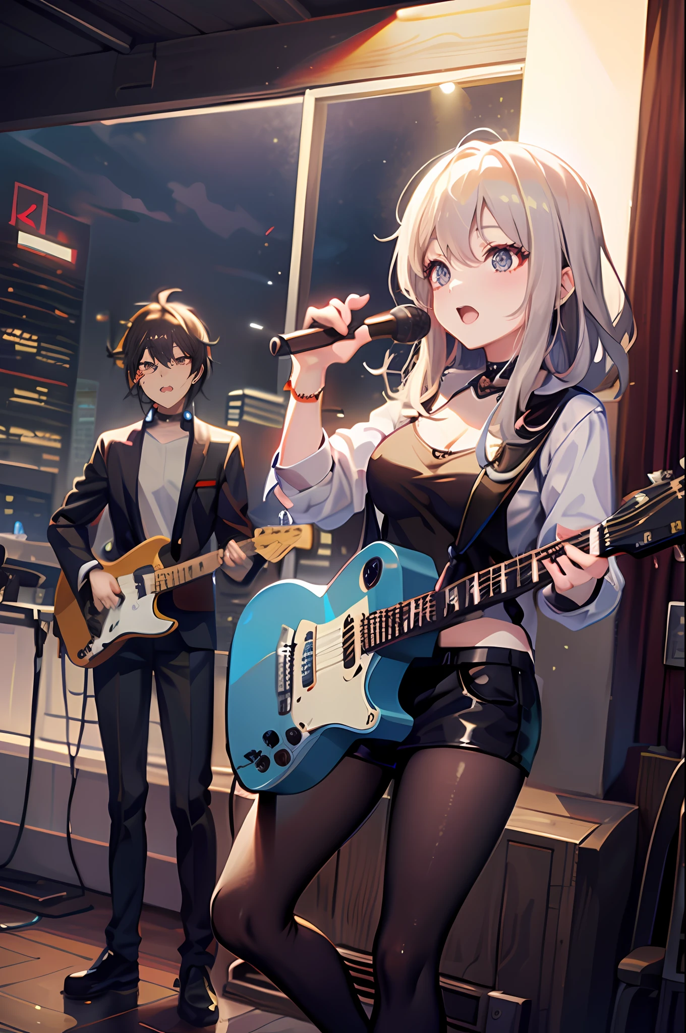 Anime – style image of woman with guitar and man with microphone, official artwork, nightcore, high detailed official artwork, kawacy, background artwork, plays the guitar, anime style 4 k, detailed cover artwork, best anime 4k konachan wallpaper, anime cover, artwork in the style of guweiz, playing guitar onstage