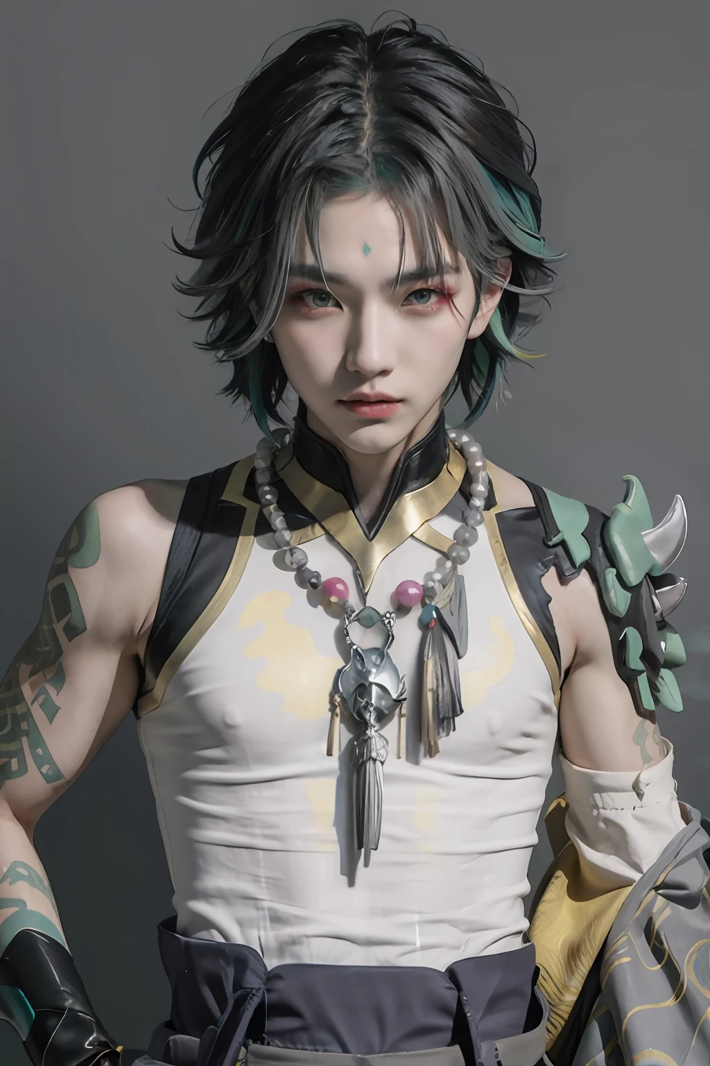 masterpiece, best quality,1boy, male focus, solo, xiao (genshin impact), gloves, tattoo, arm tattoo, necklace, cloud, jewelry, mask, green hair, bead necklace, multicolored hair, beads, yellow eyes, looking at viewer, (grey background:1.4),(kbxll:0.6)