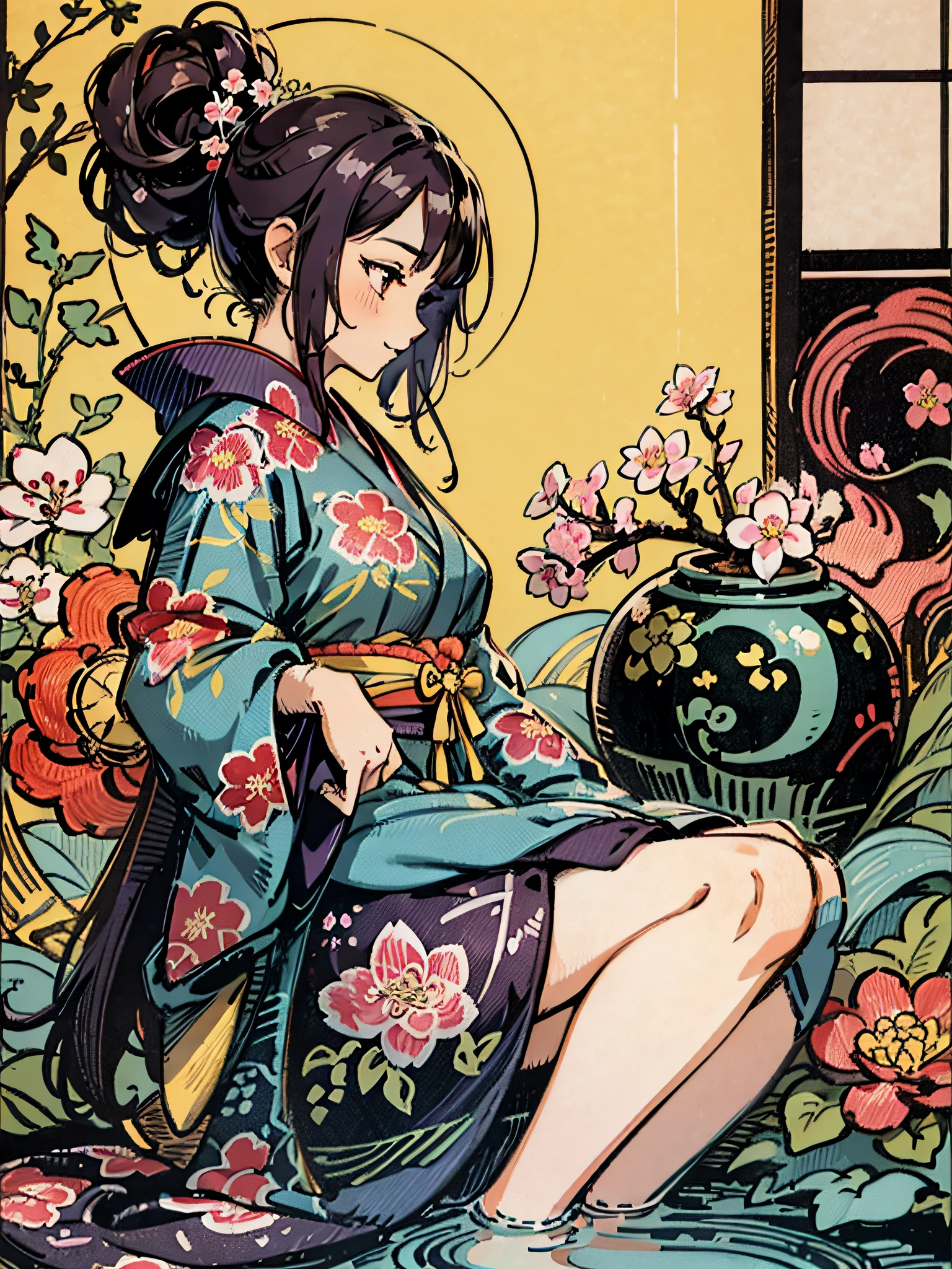 Propose a very attractive design、女の子1人、Standing Pose、Vibrant poses、Depicted to the feet、Katsushika Hokusai-kaze、Natural color design、Bold and beautiful floral design、Cherry blossom motif、japanic style、Detailed diagram of the pattern、With the highest quality、masterpiece、hight resolution、ukiyoe style、Artistic style、Postcard Design、Balanced design、Composition that fits well、Emotional Art、Ukiyo-e style、japanese aesthetic、4K resolution、Gorgeous background art、Attributes of girls(profile、Seen from the side、Elegant smile、top grade、Honor Students、A dark-haired、Lustrous hair、Long、slender、Healthy、Good impression)