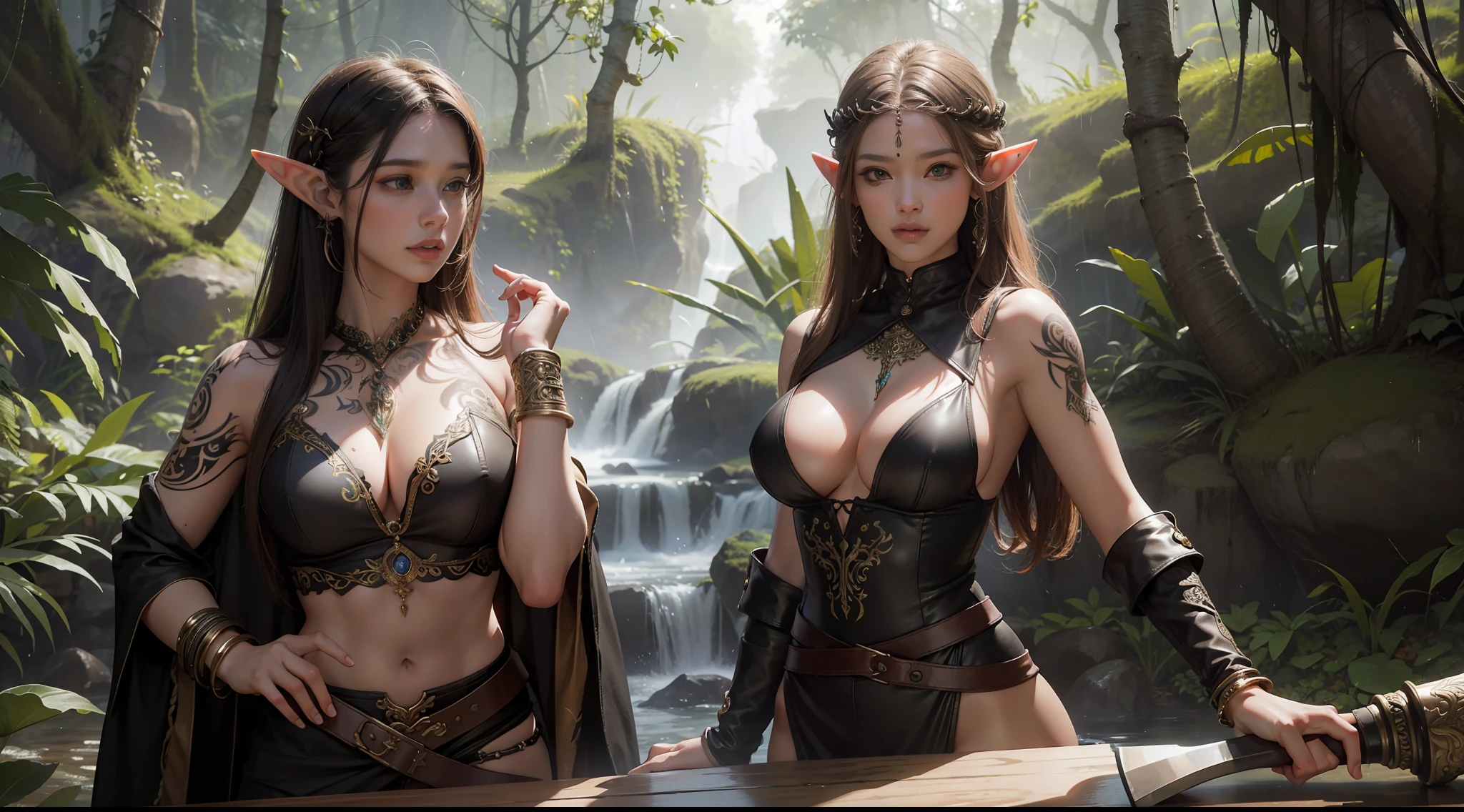 （8K，RAW photos，best qualtiy，tmasterpiece：1.2），ultra - detailed，offcial art，photo-realistic：1.37，upperbody shots，rainforests，Female elf，Large breasts，Leather clothes，machete，ornate decoration，Complex textures，Tattooed with