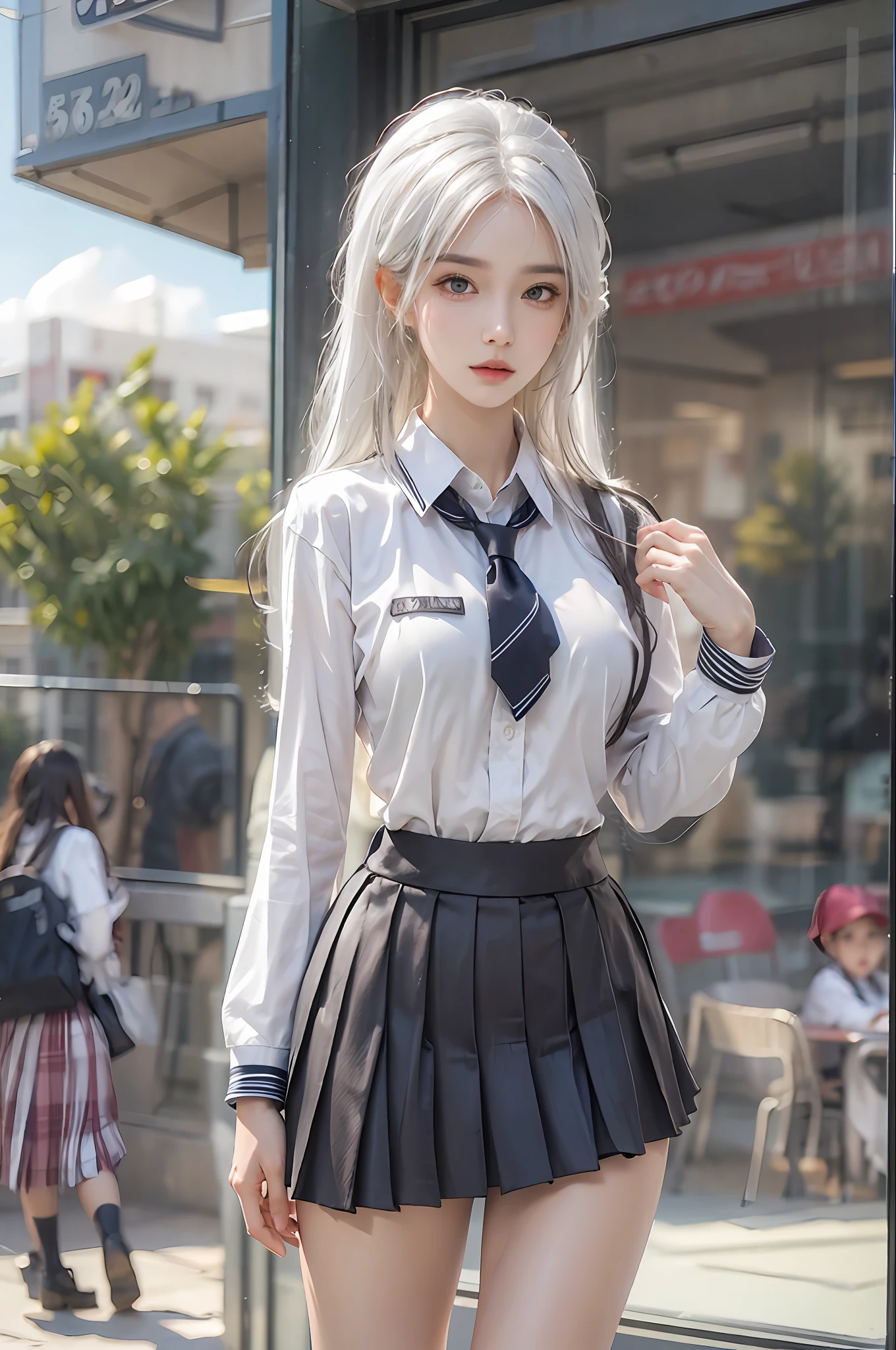 photorealistic, high resolution, 1 women, solo, hips up, look at viewer, (detailed face), white hair, long hair, school uniform, skirt