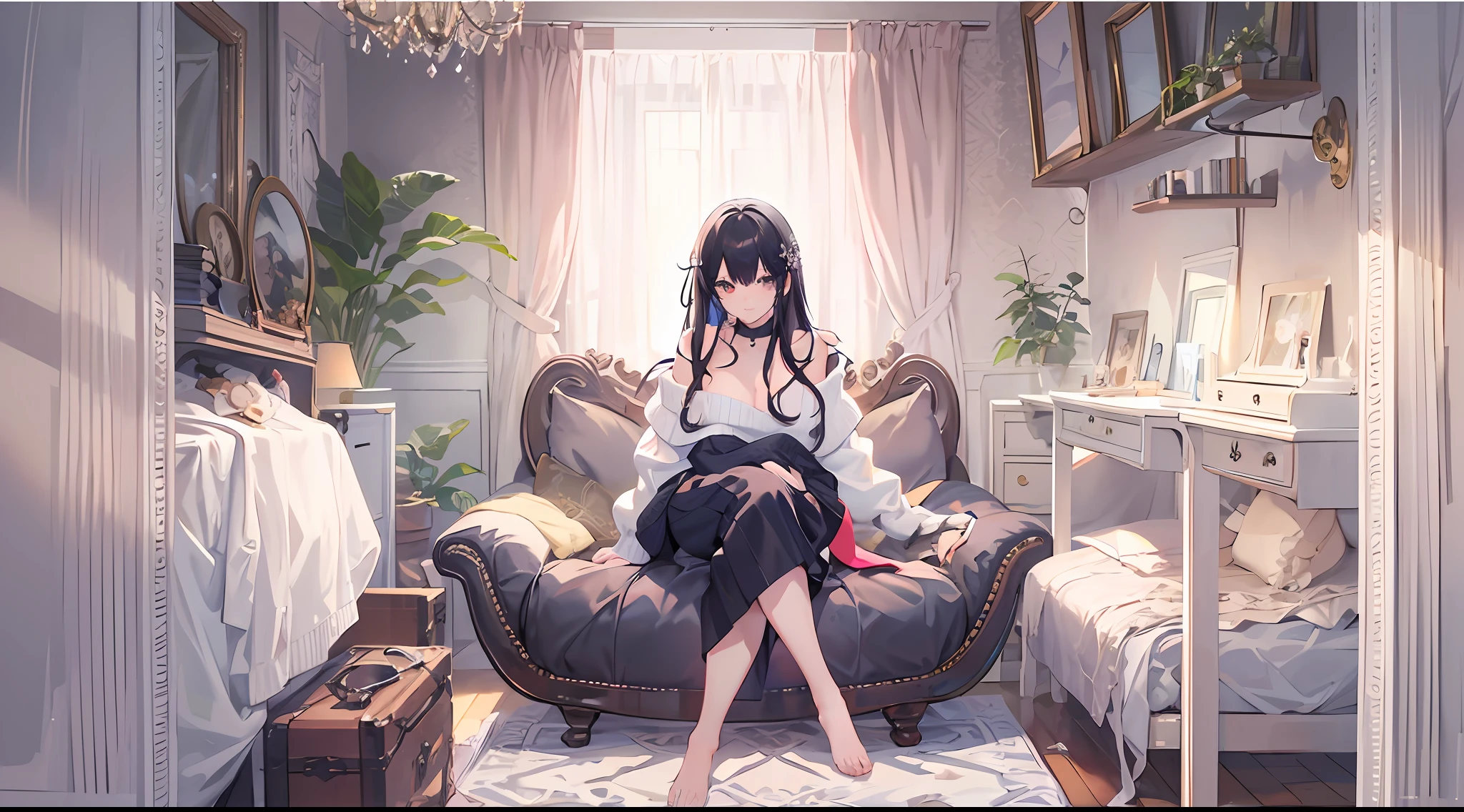 (((Chest opening off-shoulder sweater))) 、One Person、 Long black hair with slightly wavy hair、Black eyes、Superlative quality、((Top-notch image quality))、Neat and clean girls、beautiful a girl、Erotic look、Dainty girl、(((Poses)))、lightsmile、face perfect、(((fullllbody)))、Black Choker、Looking at Viewer、pale skin、Bare legged、Very detailed 8k wallpaper