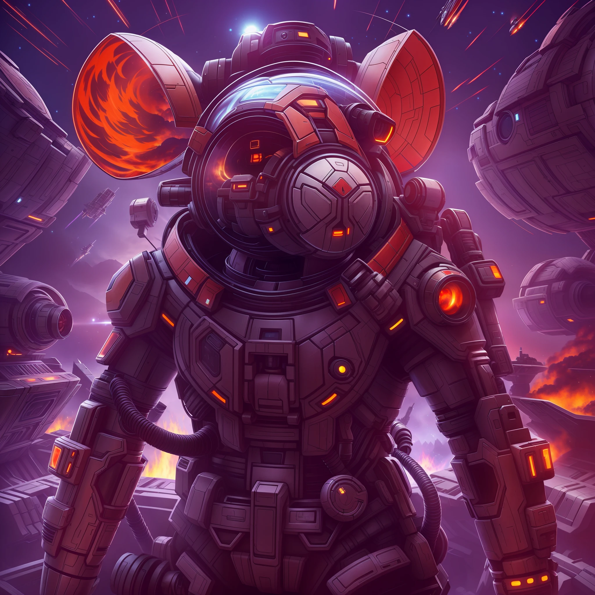 A sci-fi mouse with a bazooka on its shoulder:1.2,Anthropomorphic treatment,Wear alternating sci-fi armor in black and red,超高分辨率,Detail HD,facial closeups,Clear facial hair,pupil realistic,Expression of anger,Bazooka frontal fire effect,scifi style,The background is on a spaceship,The fire is shining,ultra-wide-angle,Focal length 85 mm