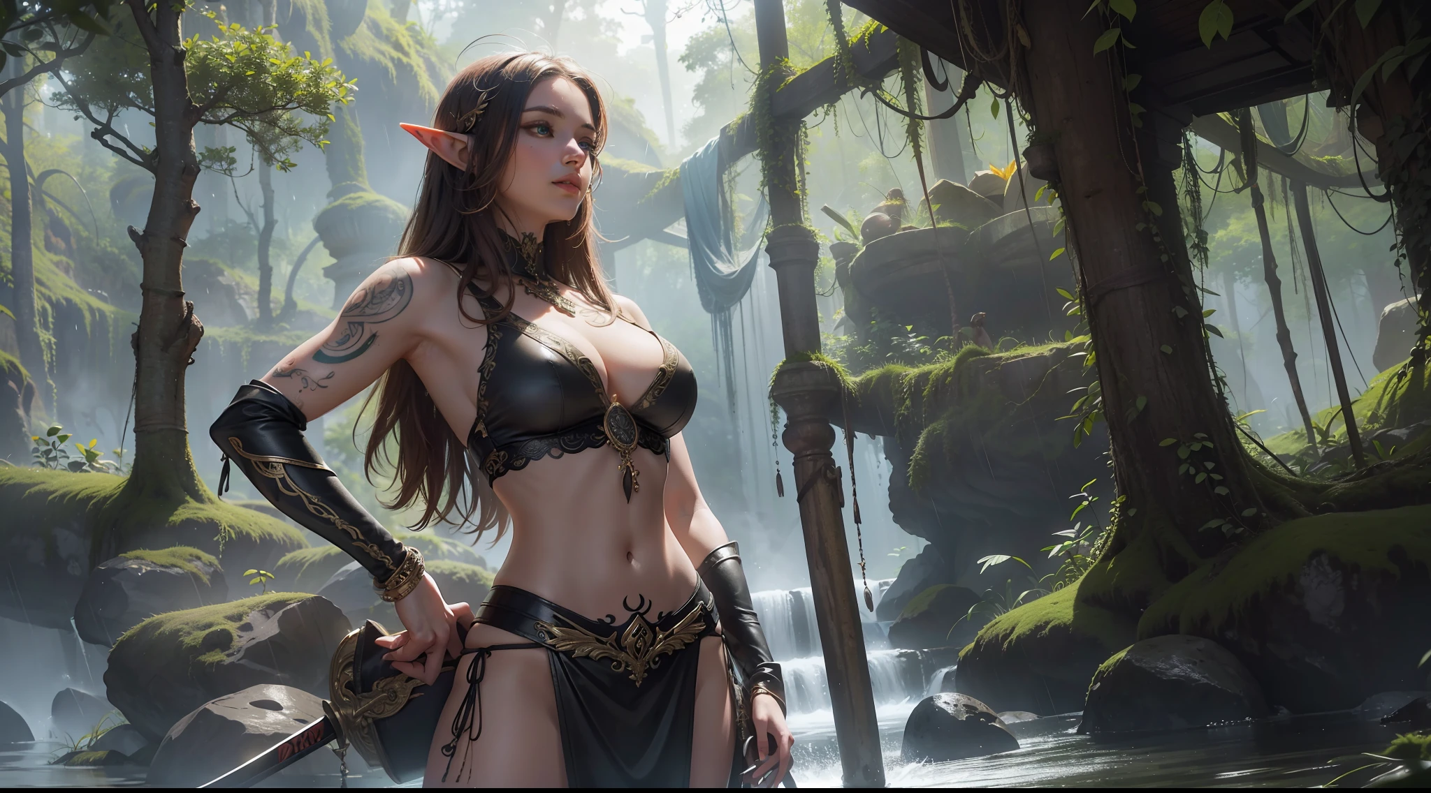 （8K，RAW photos，best qualtiy，tmasterpiece：1.2），ultra - detailed，offcial art，photo-realistic：1.37，upperbody shots，rainforests，Female elf，Large breasts，Leather clothes，machete，ornate decoration，Complex textures，Tattooed with
