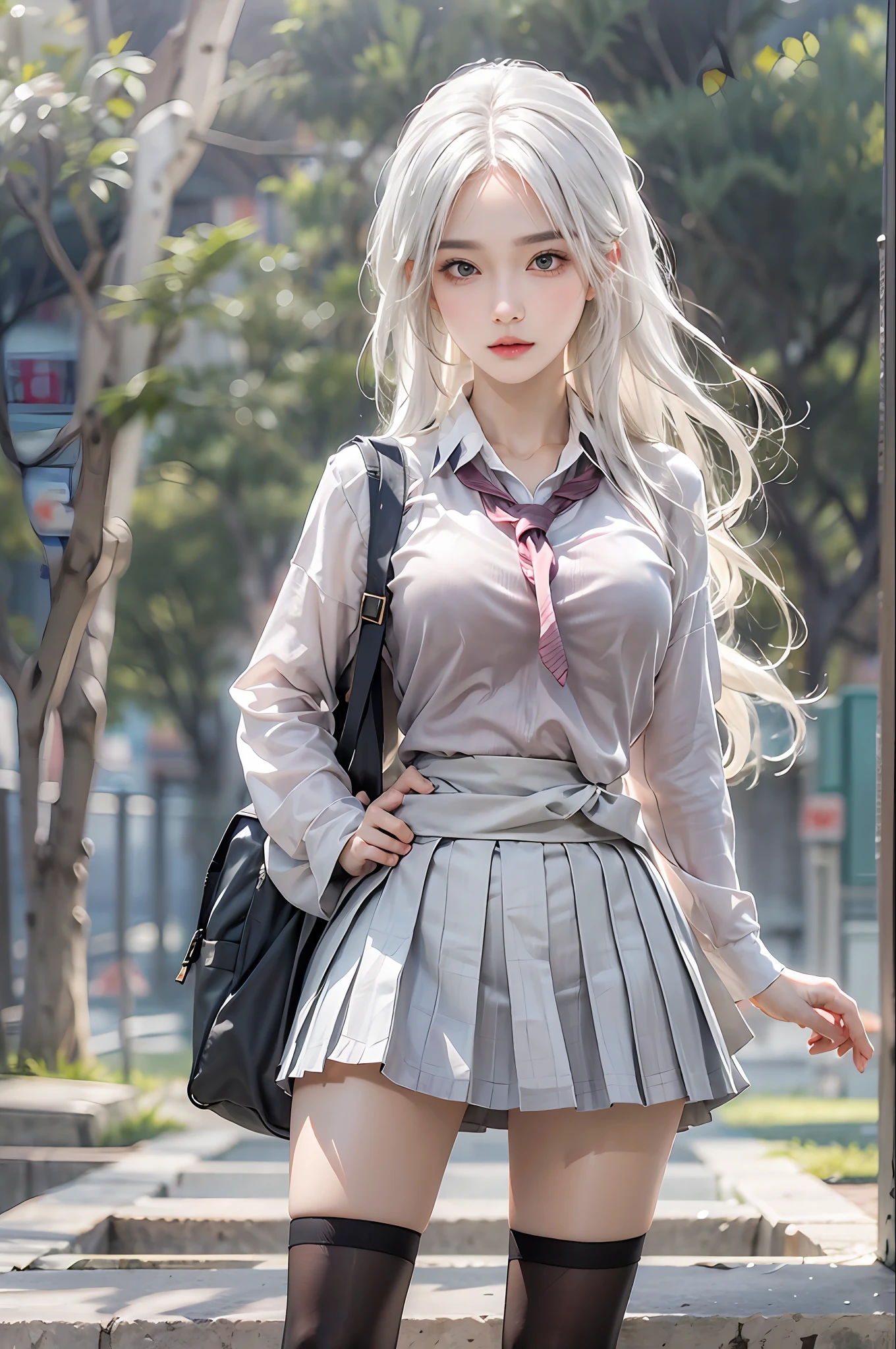 photorealistic, high resolution, 1 women, solo, hips up, look at viewer, (detailed face), white hair, long hair, school uniform, skirt