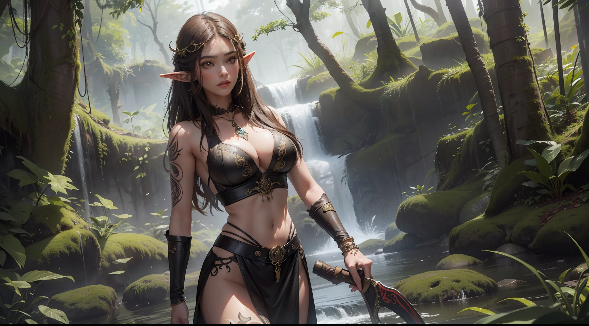 (8K,RAW photos,best qualtiy,tmasterpiece:1.2),ultra - detailed,offcial art,photo-realistic:1.37,upperbody shots,rainforests,Female elf,Large breasts,Leather clothes,machete,ornate decoration,Complex textures,Tattooed with
