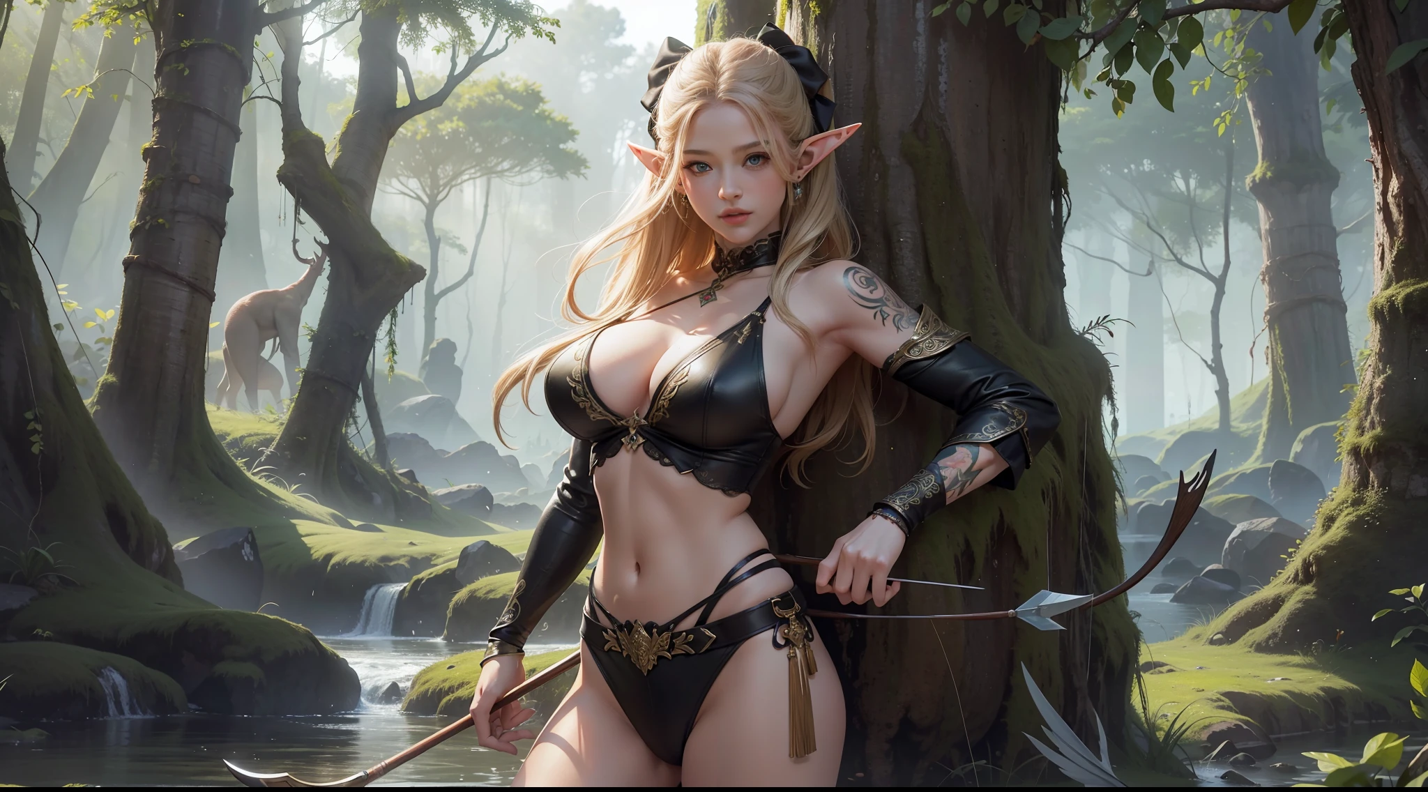 (8K,RAW photos,best qualtiy,tmasterpiece:1.2),ultra - detailed,offcial art,photo-realistic:1.37,upperbody shots,rainforests,Female elf,Large breasts,Leather clothes,bow and arrows,ornate decoration,Complex textures,Tattooed with