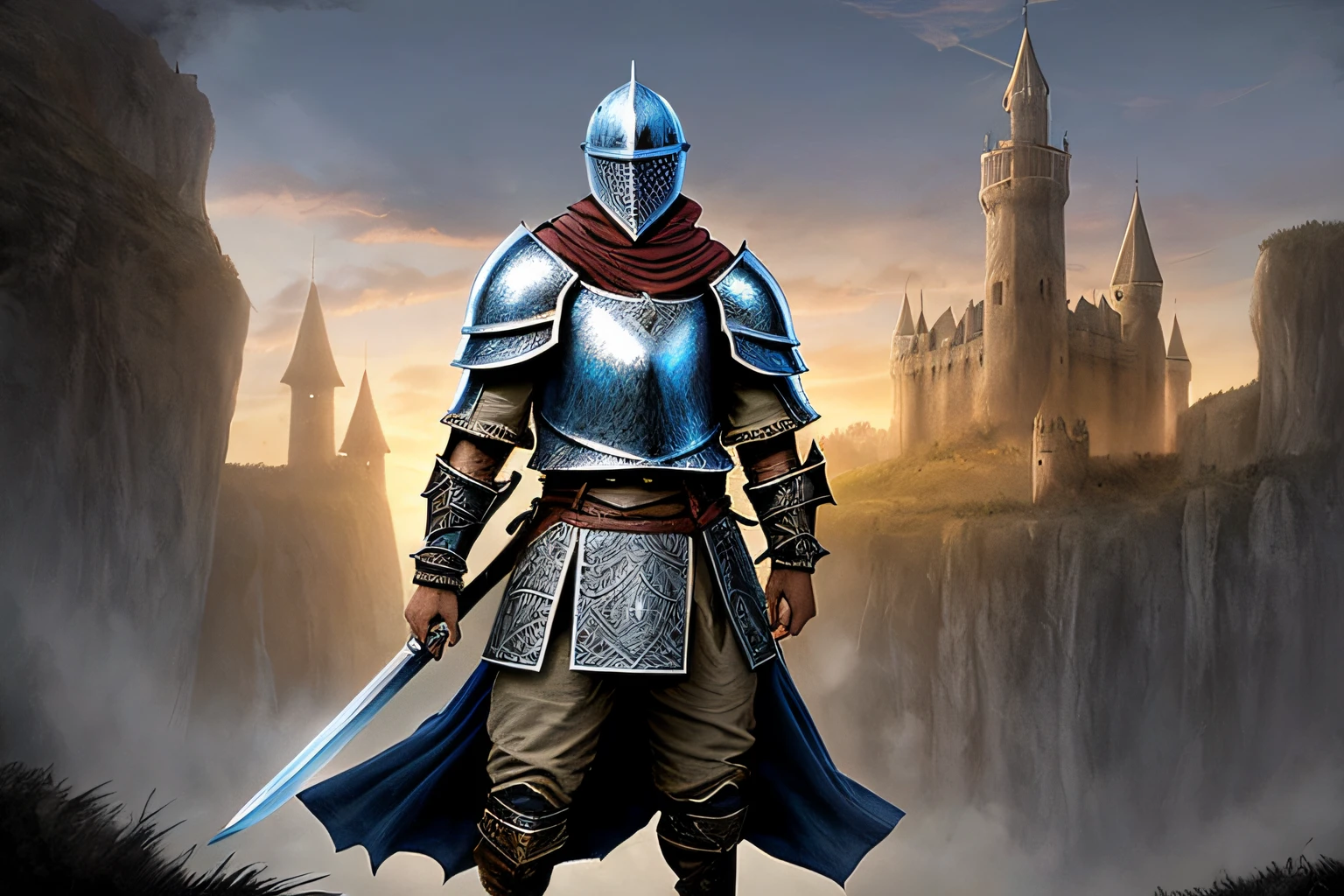 There is a man in armor holding a sword in front of a castle, arte do jogo de fantasia medieval, cavaleiro da fantasia, fantasia medieval, paladino fantasia, guerreiro blindado, guerreiro de fantasia em armadura completa, cavaleiro blindado, cavaleiro medieval, pintura de um cavaleiro, full portrait of magical knight, cavaleiro em armadura, guerreiro da fantasia, Guerreiro medieval, guerreiro blindado, Alta fantasia medieval