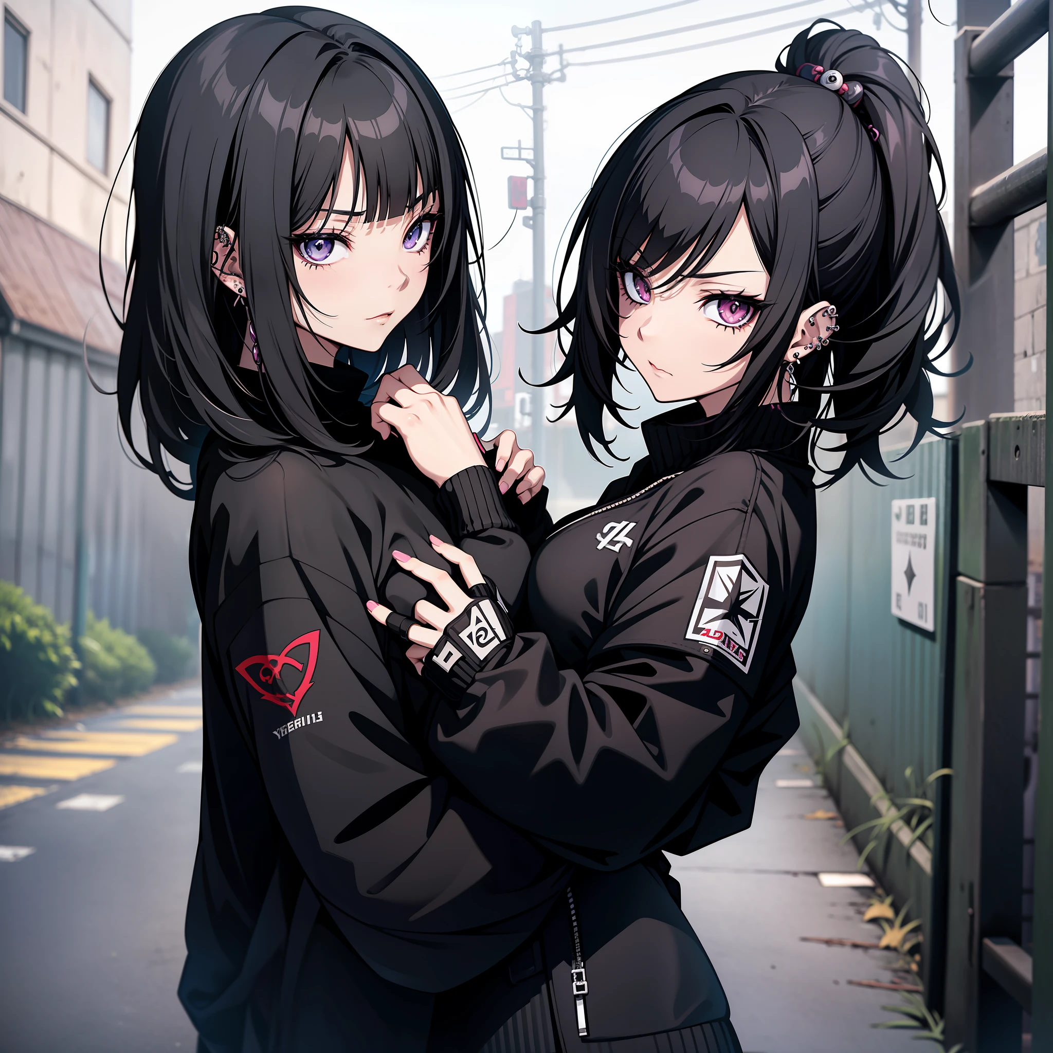 anime girl with black hair and piercings in front of a fence, 1 7 -  - old me goth girl, goth girl, 1 7 - year - goth gi sui ishida with black hair, style of junji ito, neo goth, gothic maiden anime girl, noire, (anime girl), ( ( ( yoshinari yoh ) ) )