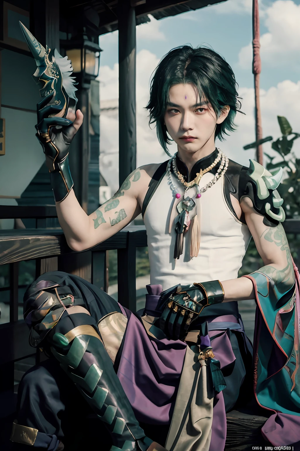 masterpiece, best quality,1boy, male focus, solo, xiao (genshin impact), holding mask, gloves, yellow eyes, weapon, jewelry, tattoo, necklace, mask, holding, green hair, polearm, arm tattoo, forehead mark, beads, facial mark, bead necklace, holding weapon, sitting,(kbxll:0)