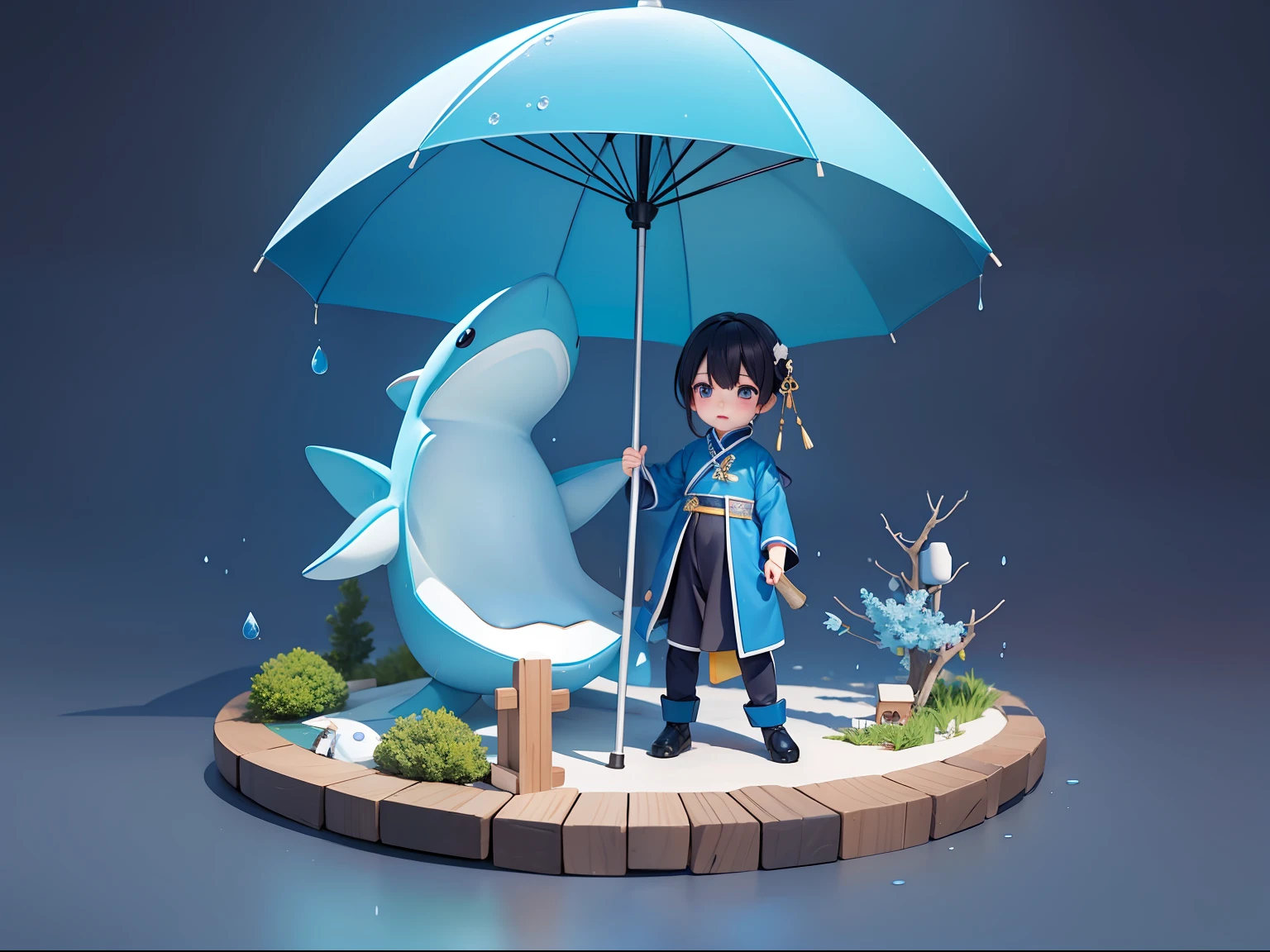 A huge shark quietly holds an umbrella for a  boy，Have a cute pair of boots，A littlen a blue ski suit，Wear traditional Chinese Hanfu and boots，Dark blue and dark beige style，Oriental inspiration，cute anddreamy，Detailed portrait，hyper realistic detailed rendering，C4D，Redshift，, pastelcolor, Rain dripping, full bodyesbian，water color by zhaoji ，3D rendering