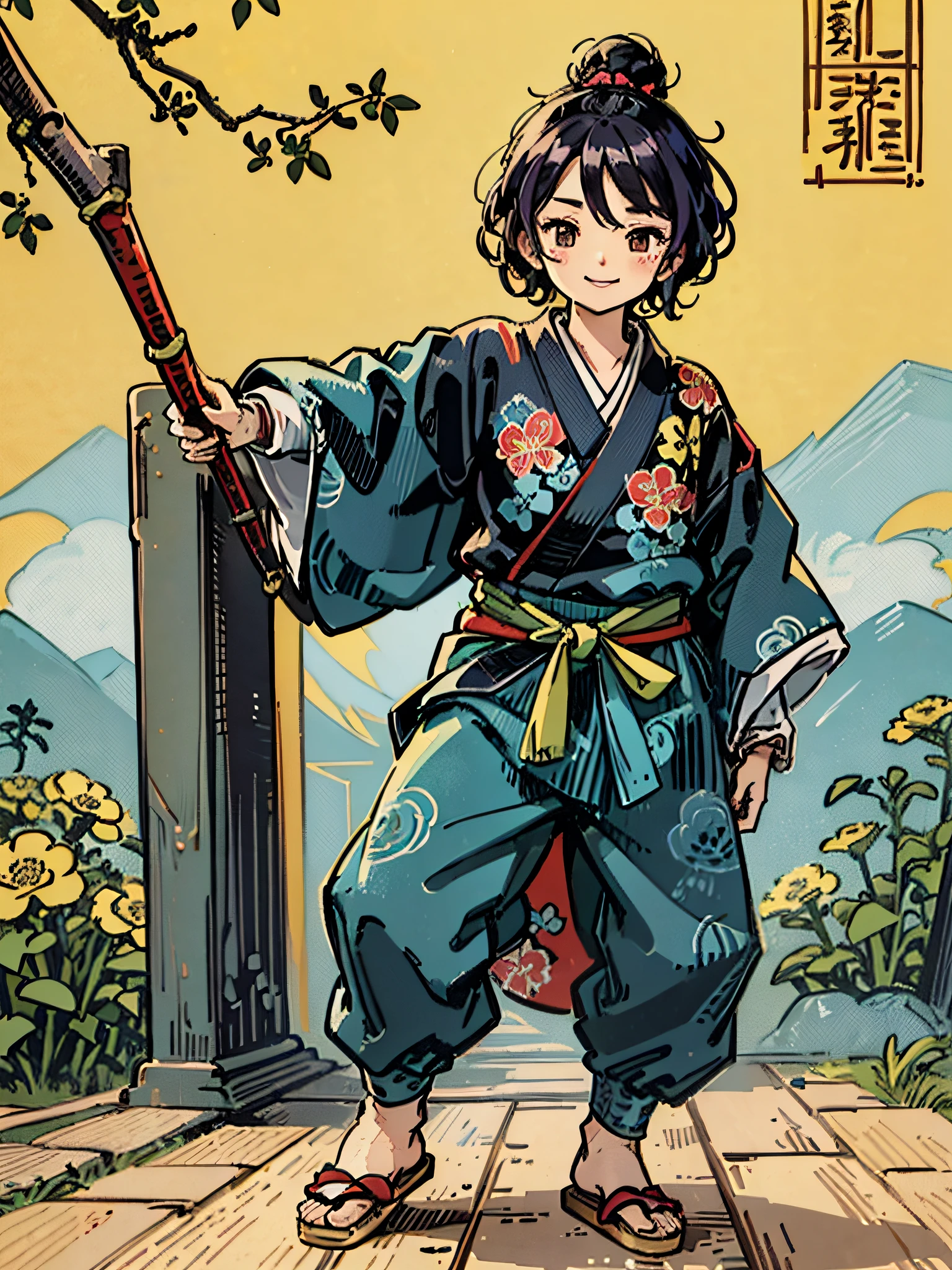 Propose a very attractive design、1boys、10-year-old boy、Standing Pose、Vibrant poses、Depicted to the feet、Katsushika Hokusai-kaze、Natural color design、Bold and beautiful floral design、Bamboo motifs、japanic style、Detailed diagram of the pattern、With the highest quality、​masterpiece、hight resolution、ukiyoe style、Artistic style、Postcard Design、Balanced design、Composition that fits well、Emotional Art、Ukiyo-e style、japanese aesthetic、4K resolution、Gorgeous background art、Attributes of boys（Bright smile、Very smile、active、Comfortable clothing、male people、Lively、Ninja、Martial artist、Little Boy、Cheerful boy、Bullish personality、Dignified、Beautiful Boys、A dark-haired、short-hair、Rough hair、Untied hair、Natural Hair、Good impression）