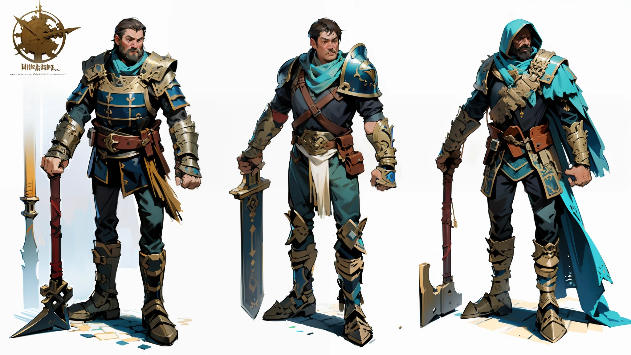best quality, masterpiece, highly detailed, colored concept art sheet of three characters with weapons and leather and metal armor in a fantasy world, character concept art, warm colors, ultra sharp, realistic rendering, detailed full body, ultra detailed, 8k, trending on artstation, ultra realistic and sharp detail and intricate, intricate details, and style, simple background illustration, white flat background
