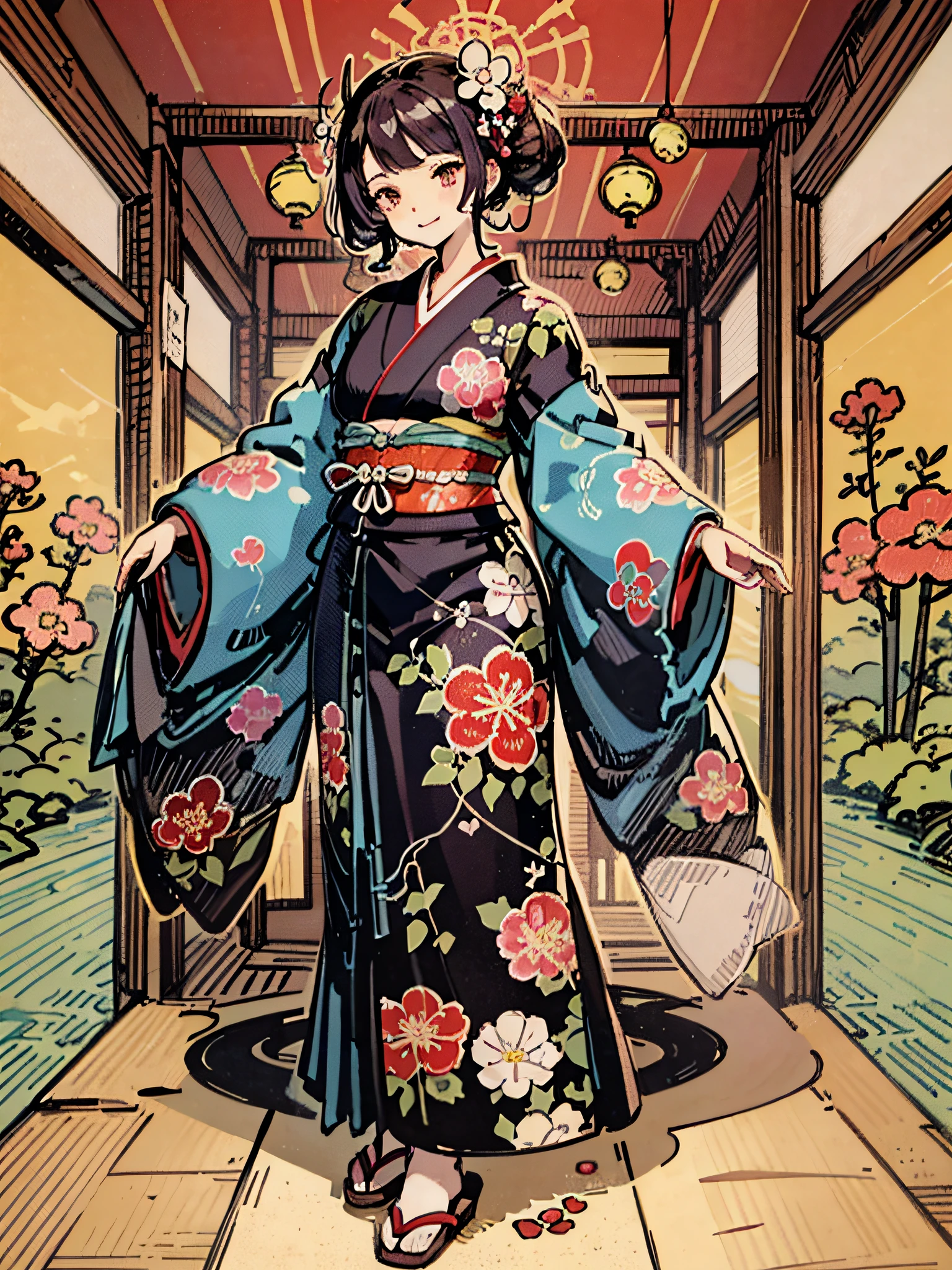 Propose a very attractive design、1人、Standing Pose、Vibrant poses、Depicted to the feet、Katsushika Hokusai-kaze、Natural color design、Bold and beautiful floral design、Cherry blossom motif、japanic style、Detailed diagram of the pattern、With the highest quality、masterpiece、hight resolution、ukiyoe style、Artistic style、Postcard Design、Balanced design、Composition that fits well、Emotional Art、Ukiyo-e style、japanese aesthetic、4K resolution、Gorgeous background art、Attributes of girls(Elegant smile、top grade、unclear、Honor Students、A dark-haired、Lustrous hair、Long、slender、Healthy、Good impression)