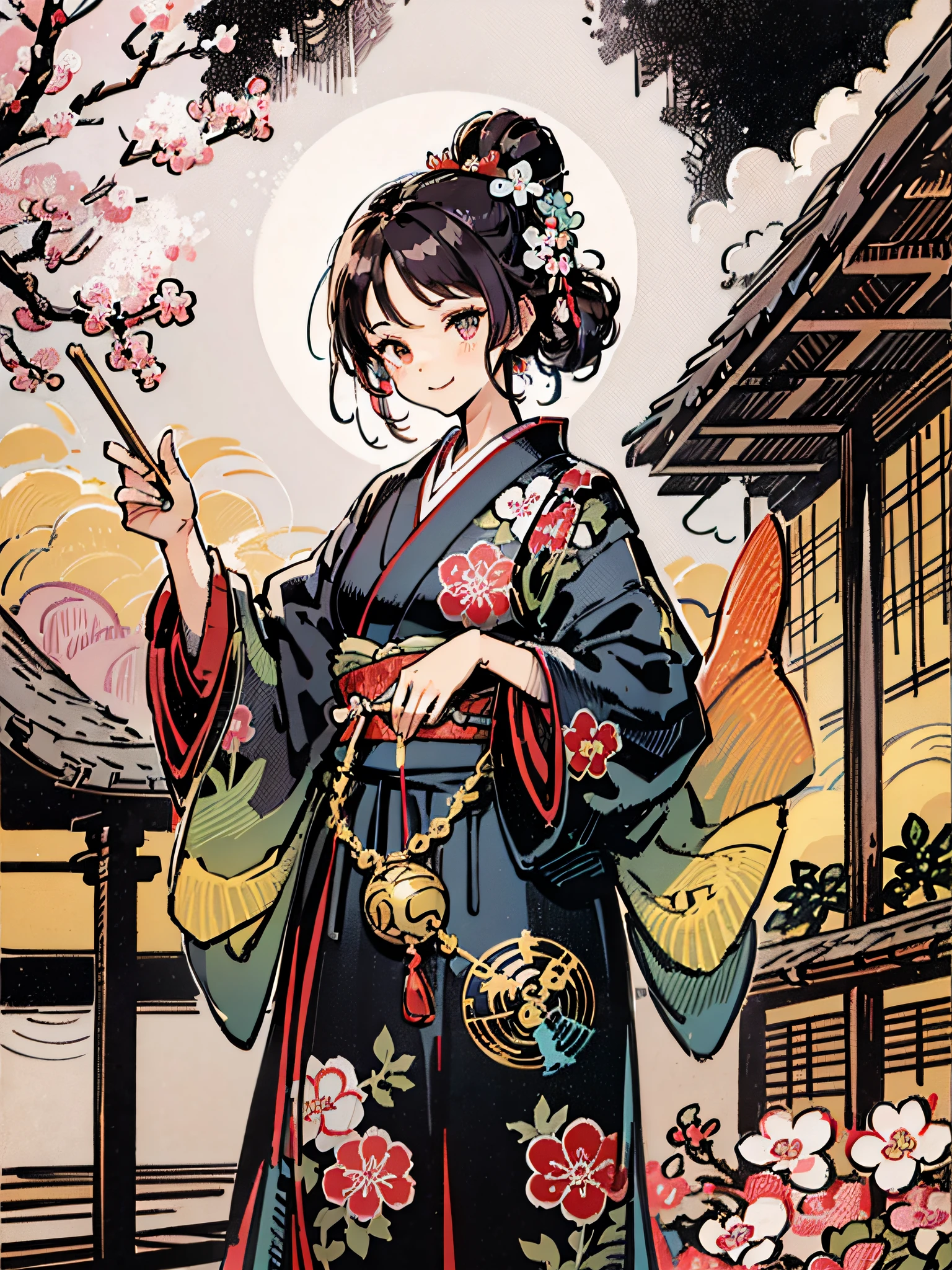 Propose a very attractive design、1人、Standing Pose、Vibrant poses、Depicted to the feet、Katsushika Hokusai-kaze、Natural color design、Bold and beautiful floral design、Cherry blossom motif、japanic style、Detailed diagram of the pattern、With the highest quality、masterpiece、hight resolution、ukiyoe style、Artistic style、Postcard Design、Balanced design、Composition that fits well、Emotional Art、Ukiyo-e style、japanese aesthetic、4K resolution、Gorgeous background art、Attributes of girls(Elegant smile、top grade、unclear、Honor Students、A dark-haired、Lustrous hair、Long、slender、Healthy、Good impression)