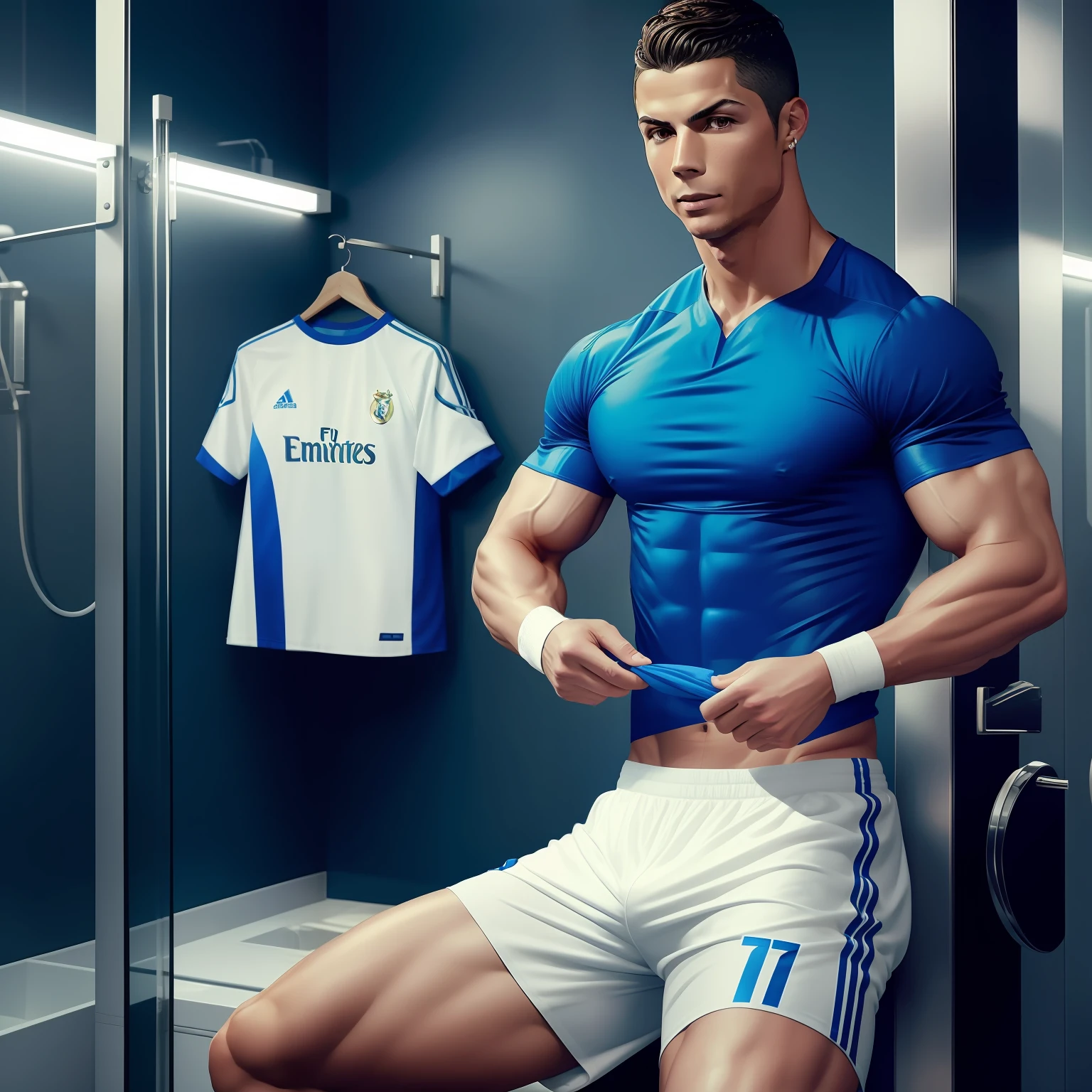 1 Cristiano Ronaldo is strong muscle wearing a T-shirt and shorts in the ampoule.
