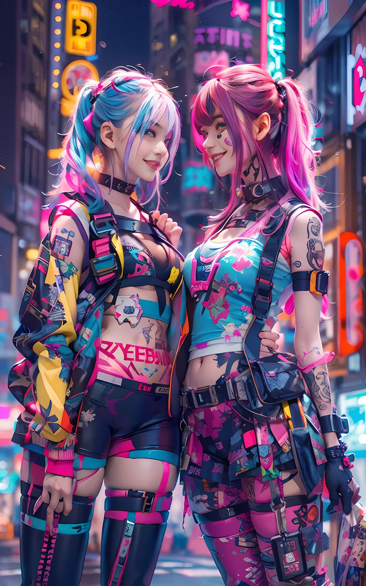 masterpiece, best quality, 2 ((smiling)) cyberpunk girls standing together, Harajuku-inspired cyberpunk body harness, bold colors and patterns, eye-catching accessories, trendy and innovative hairstyle, dazzling Cyberpunk cityscape, skyscrapers, neon signs, LED lights, bright and vivid color scheme, anime, illustration, detailed skin texture, detailed cloth texture, beautiful detailed face, intricate details, ultra detailed.