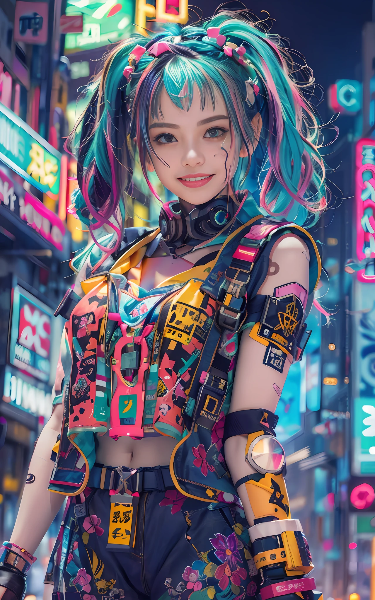 masterpiece, best quality, 2 ((smiling)) cyberpunk girls standing together, Harajuku-inspired cyberpunk body harness, bold colors and patterns, eye-catching accessories, trendy and innovative hairstyle, dazzling Cyberpunk cityscape, skyscrapers, neon signs, LED lights, bright and vivid color scheme, anime, illustration, detailed skin texture, detailed cloth texture, beautiful detailed face, intricate details, ultra detailed.