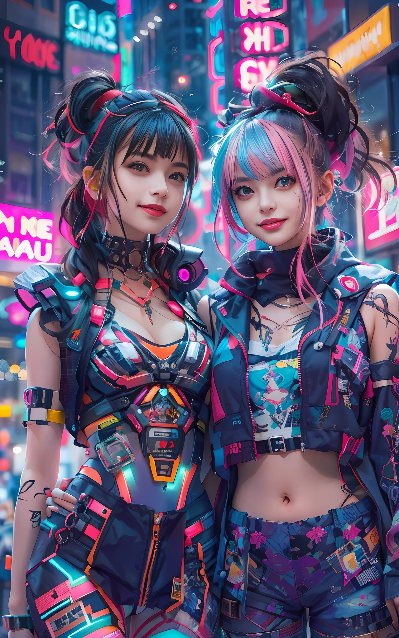 masterpiece, best quality, 2 ((smiling)) cyberpunk girls standing together, Harajuku-inspired cyberpunk body harness, bold colors and patterns, eye-catching accessories, trendy and innovative hairstyle, dazzling Cyberpunk cityscape, skyscrapers, neon signs, LED lights, bright and vivid color scheme, anime, illustration, detailed skin texture, detailed cloth texture, beautiful detailed face, intricate details, ultra detailed.