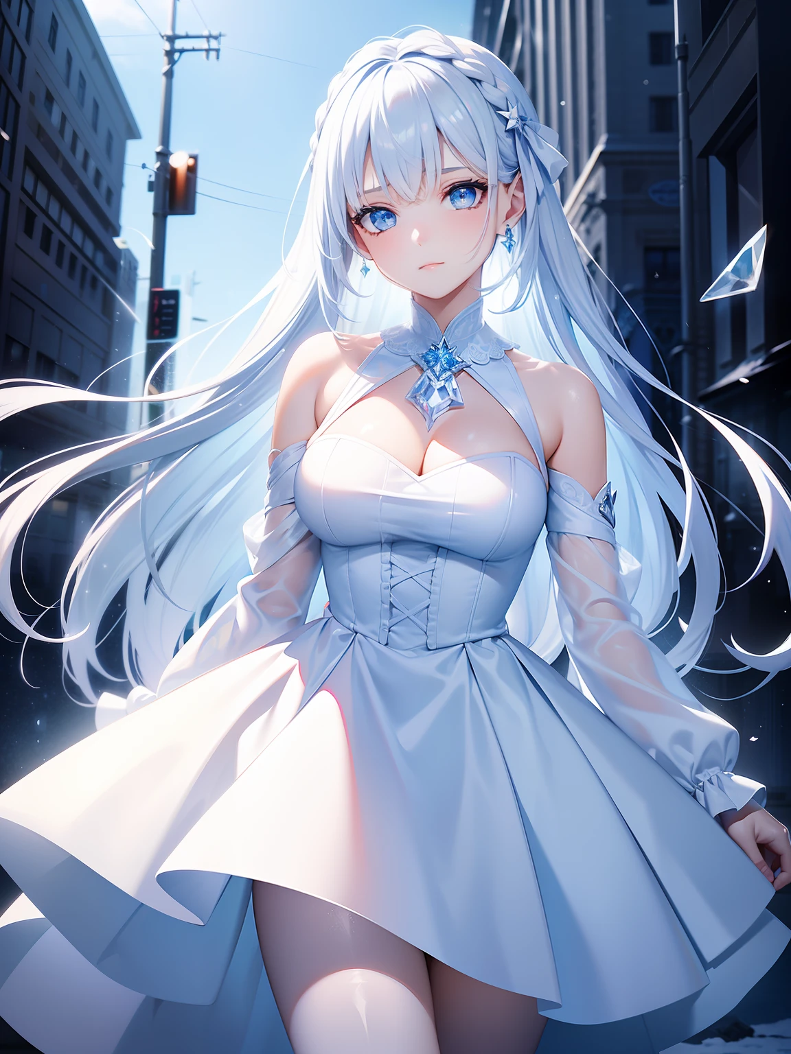 beautiful, young woman, in the crystal and ice area, fluttering snow, blue eyes, walking on the street, wearing princess dress, gradient hair, white hair, blue hair, long hair, eye reflection, disdain, ray tracing, reflection light, blurry, glowing light, depth of field, chiaroscuro, stereogram, zoom layer, cowboy shot, f/2.8, bokeh, masterpiece, best quality, high quality, HD